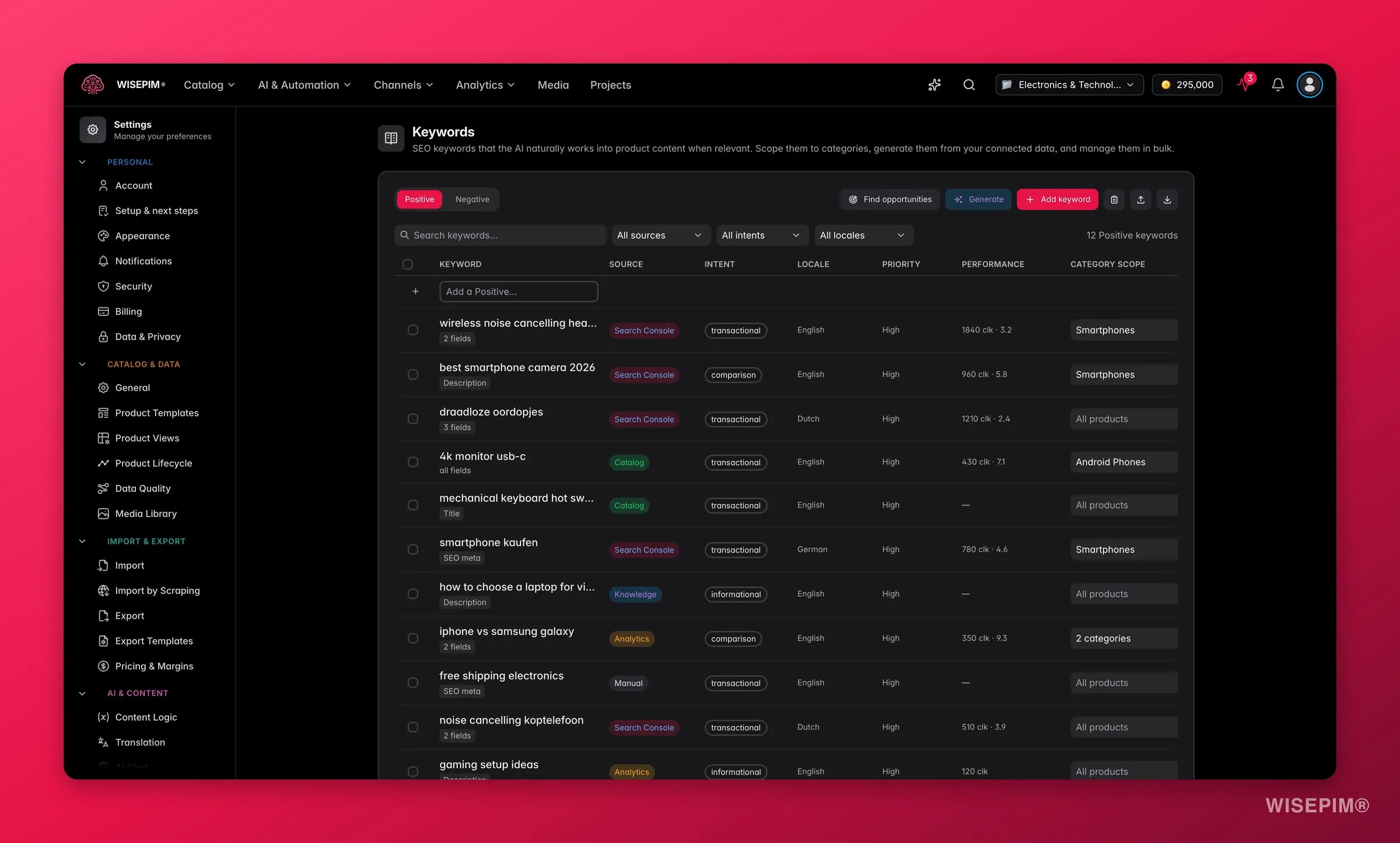WISEPIM keyword settings - category-scoped SEO keywords the AI works into generated content, with bulk tools and generation