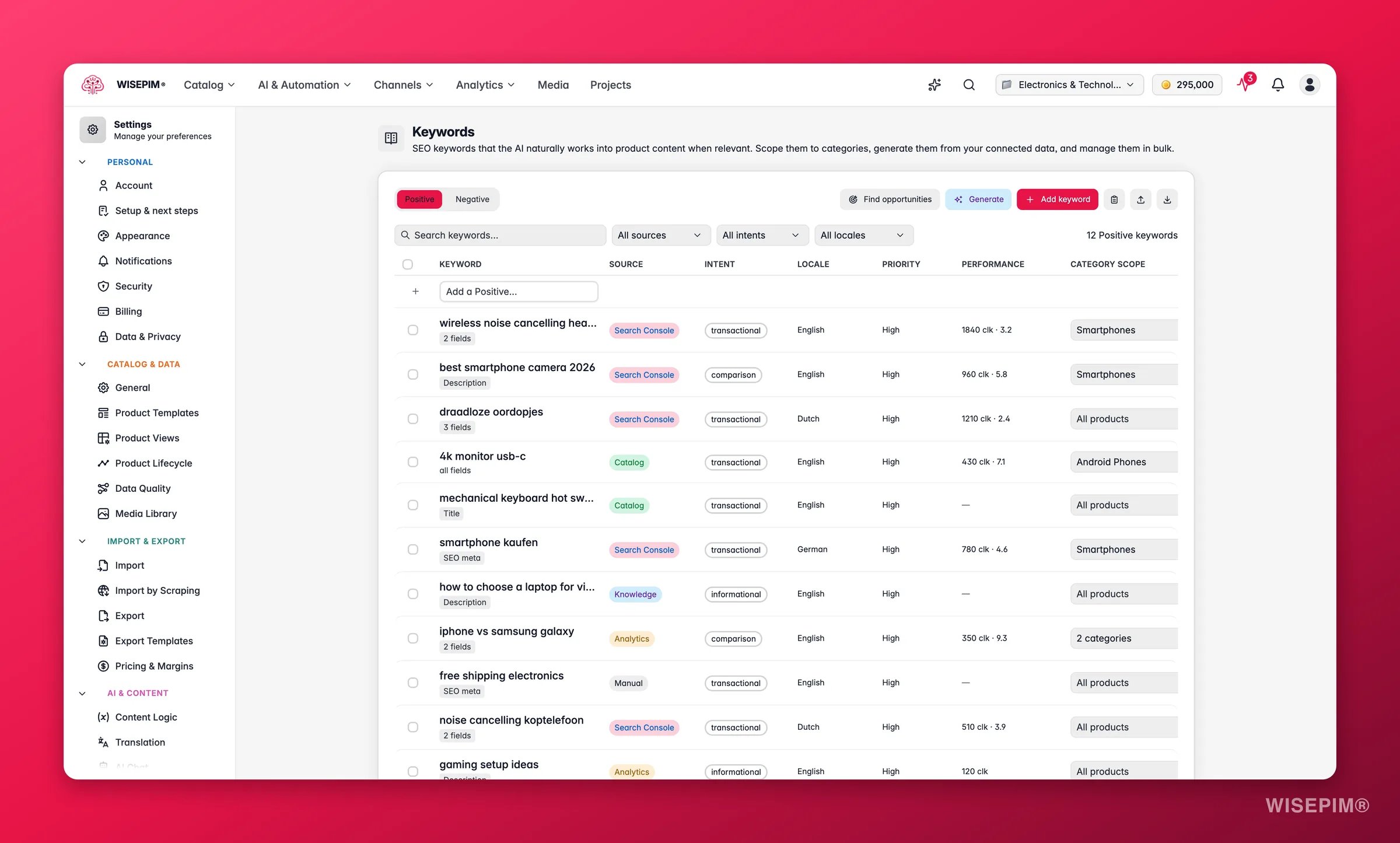 WISEPIM keyword settings - category-scoped SEO keywords the AI works into generated content, with bulk tools and generation