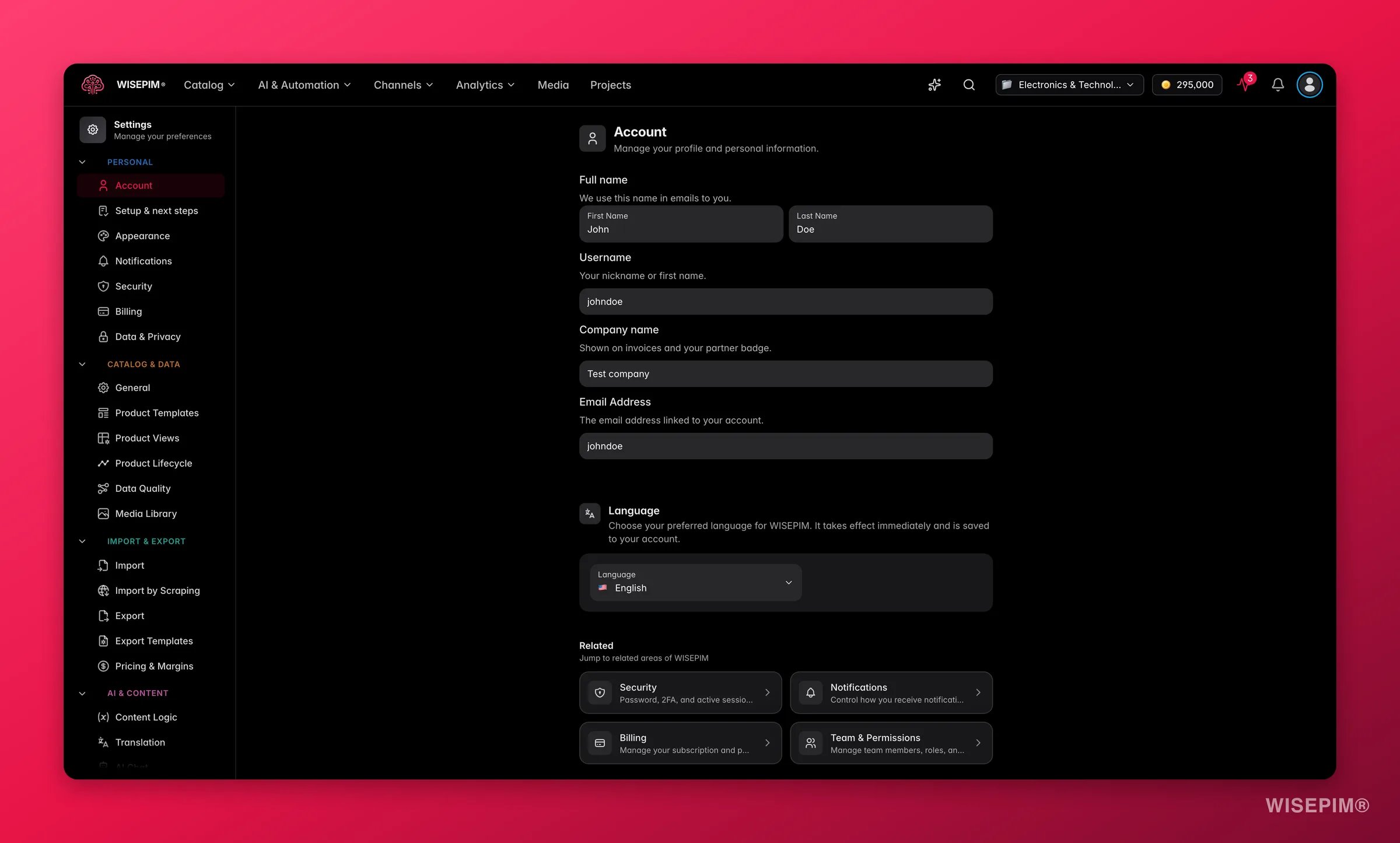 WISEPIM interface language setting - switch the app to English, Dutch, German, Spanish or French