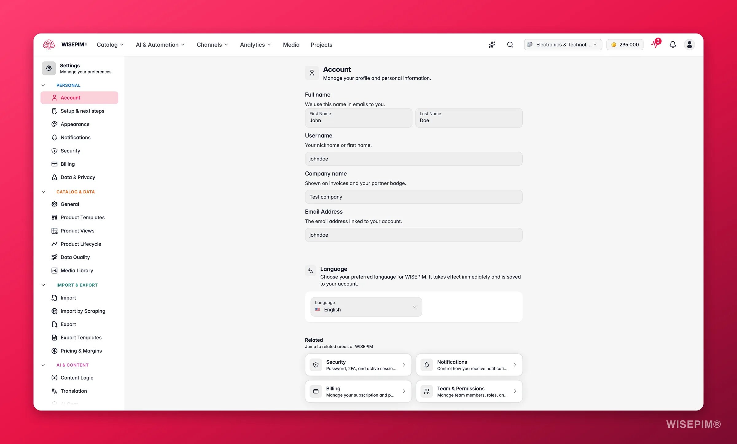 WISEPIM interface language setting - switch the app to English, Dutch, German, Spanish or French