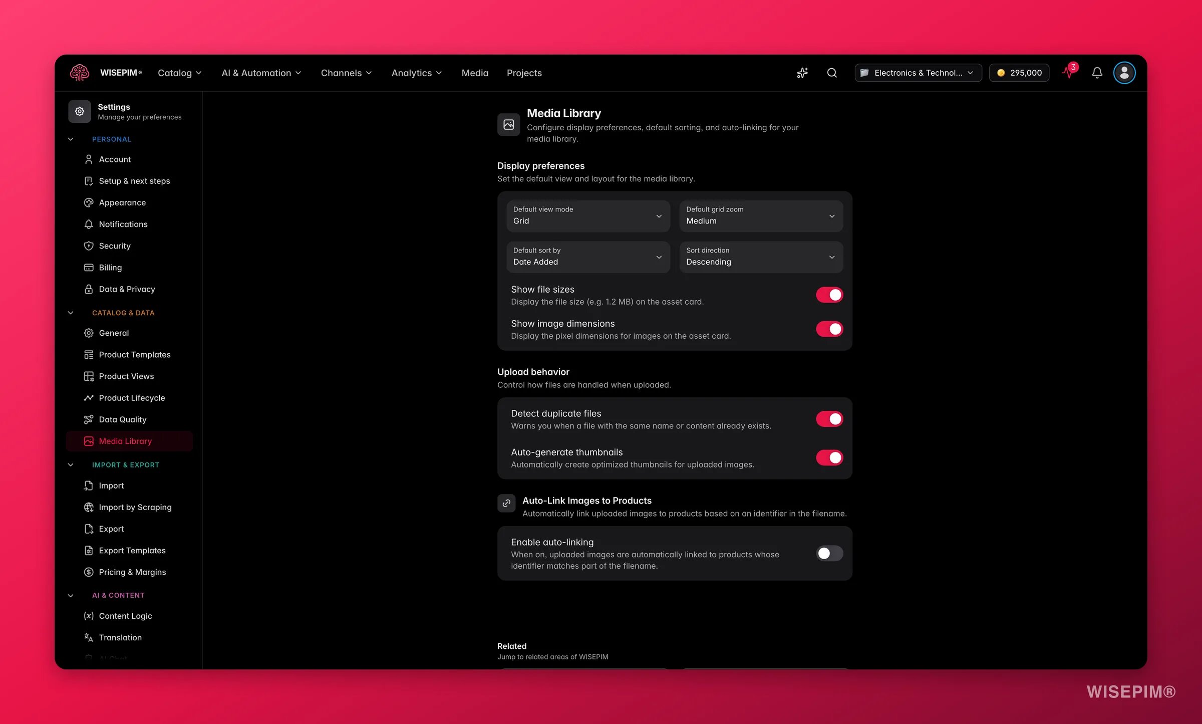 WISEPIM media library settings with display preferences, default sorting and auto-linking