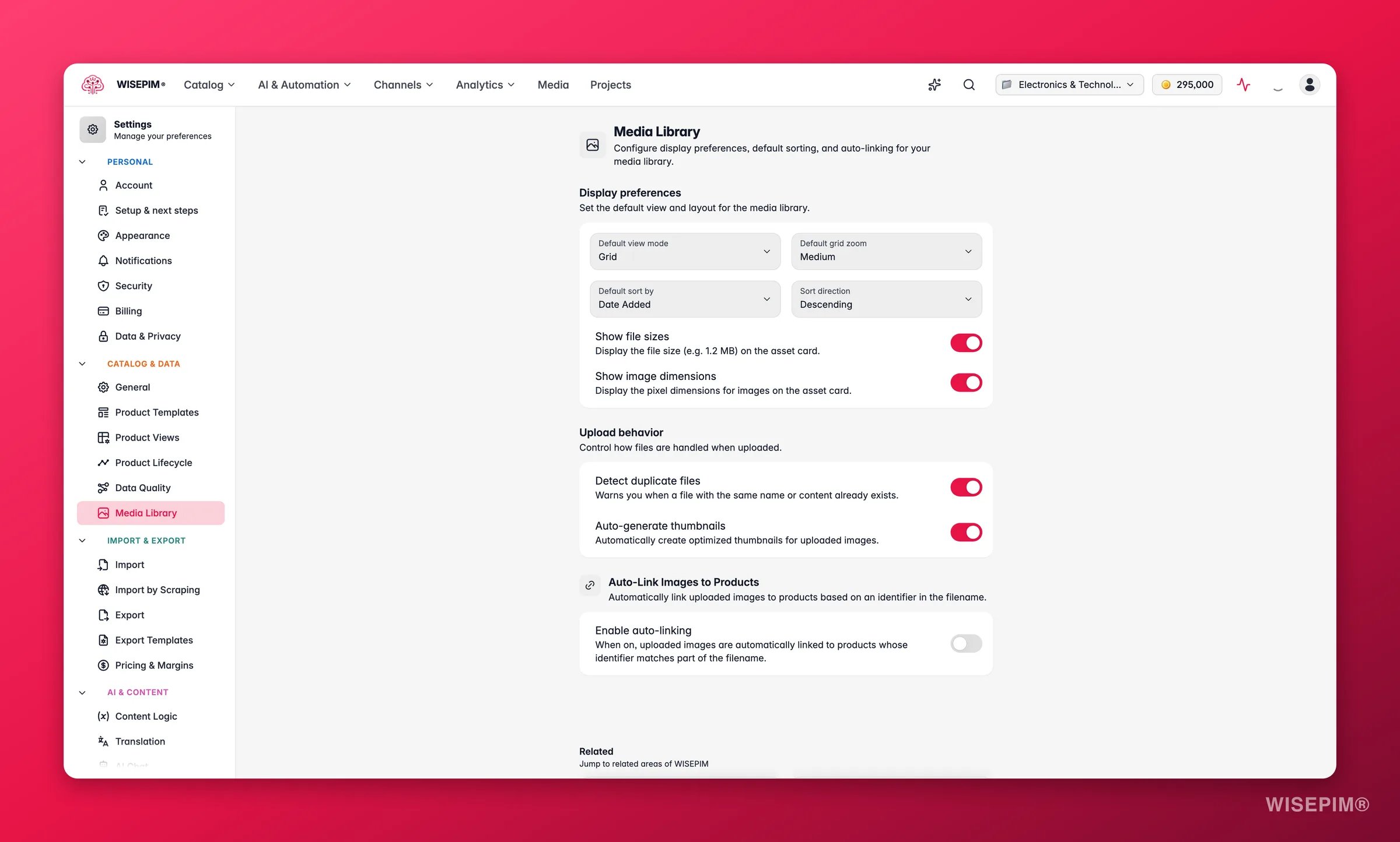 WISEPIM media library settings with display preferences, default sorting and auto-linking