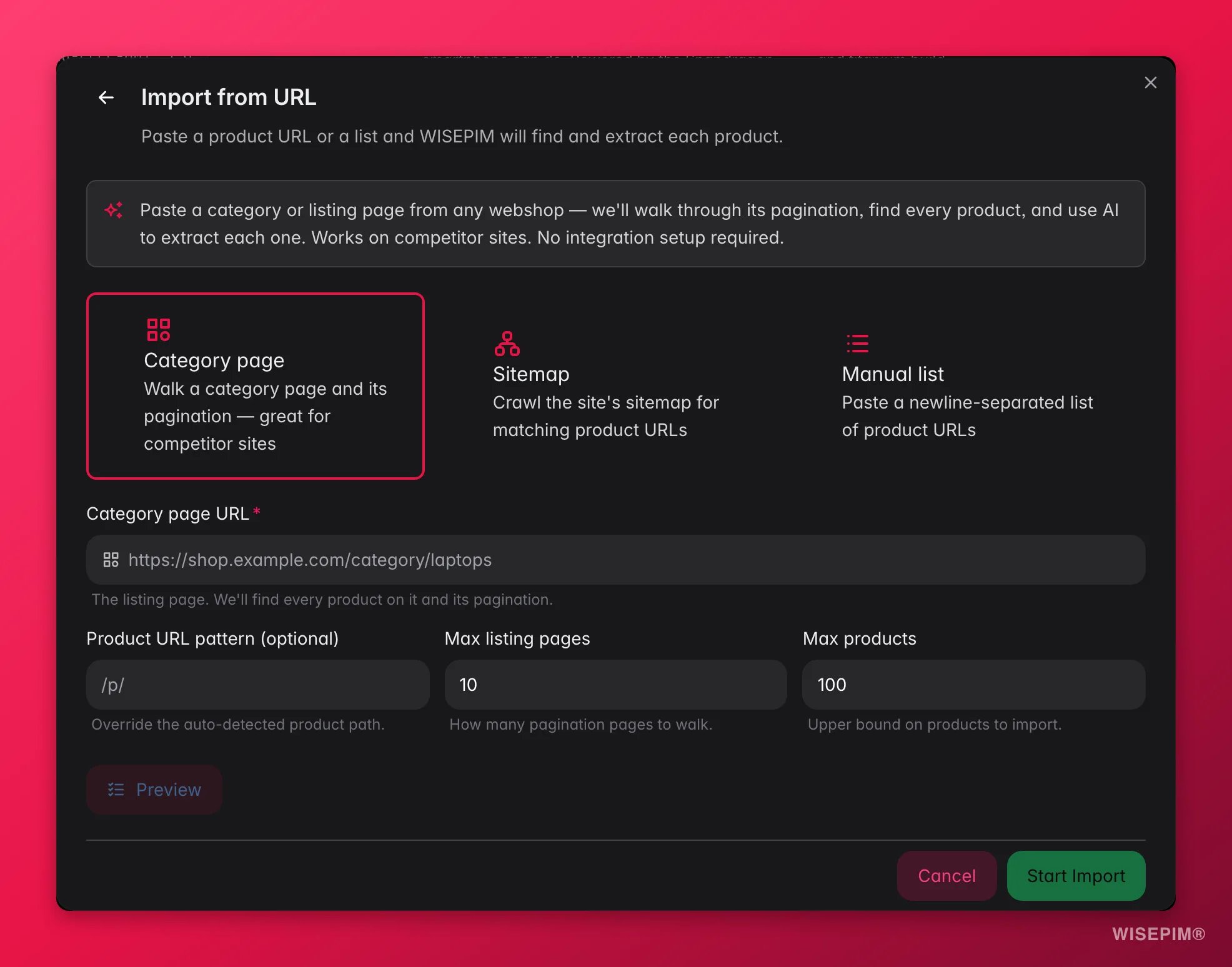 WISEPIM web scraping import configuring a source URL and previewing extracted products