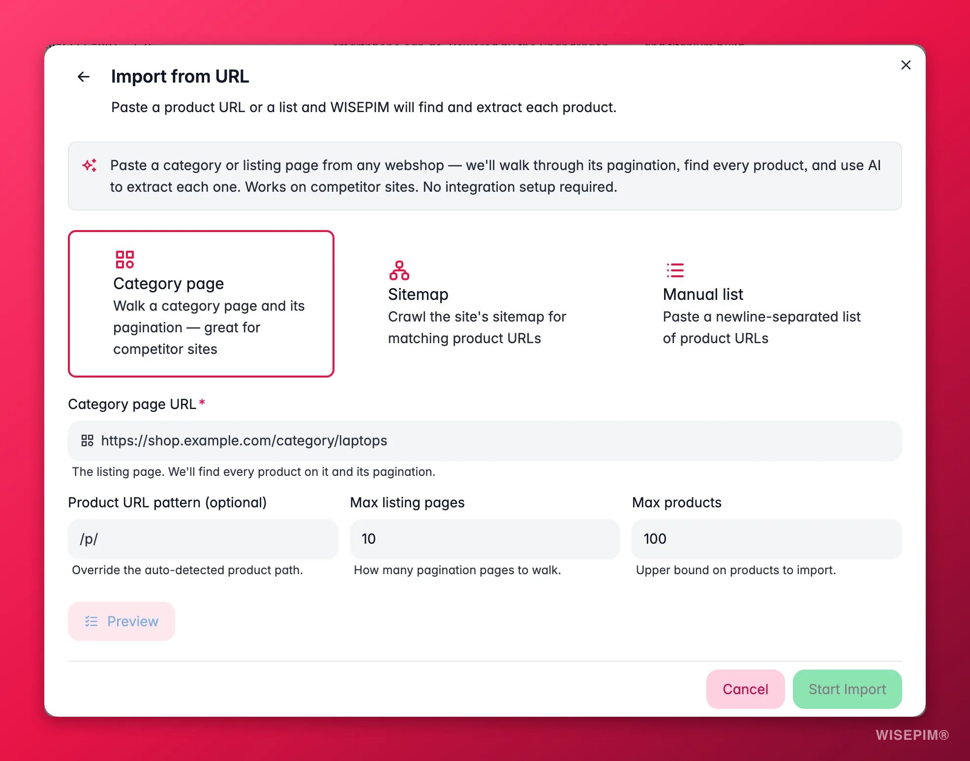 WISEPIM web scraping import configuring a source URL and previewing extracted products