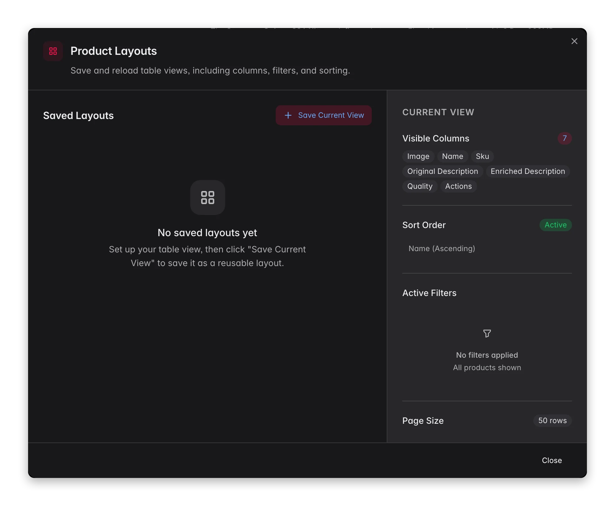 WISEPIM saved layouts, store and reload named product views with columns, sort and filters
