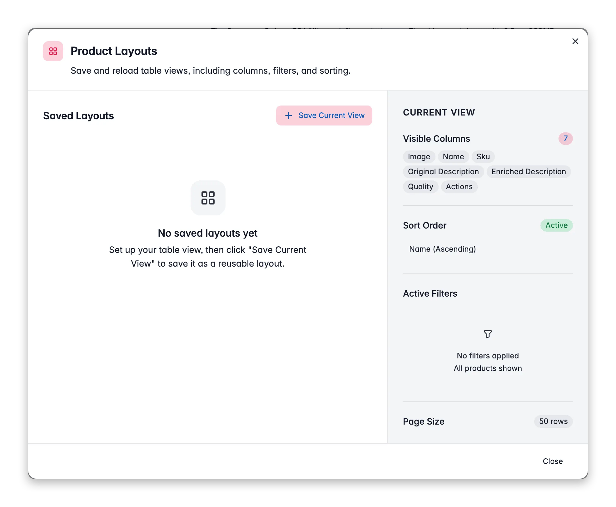 WISEPIM saved layouts, store and reload named product views with columns, sort and filters