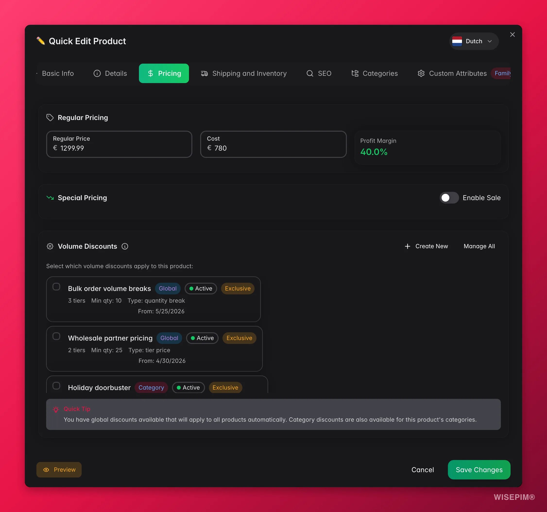 WISEPIM quick-edit Pricing tab with live profit margin, sale presets and volume discounts