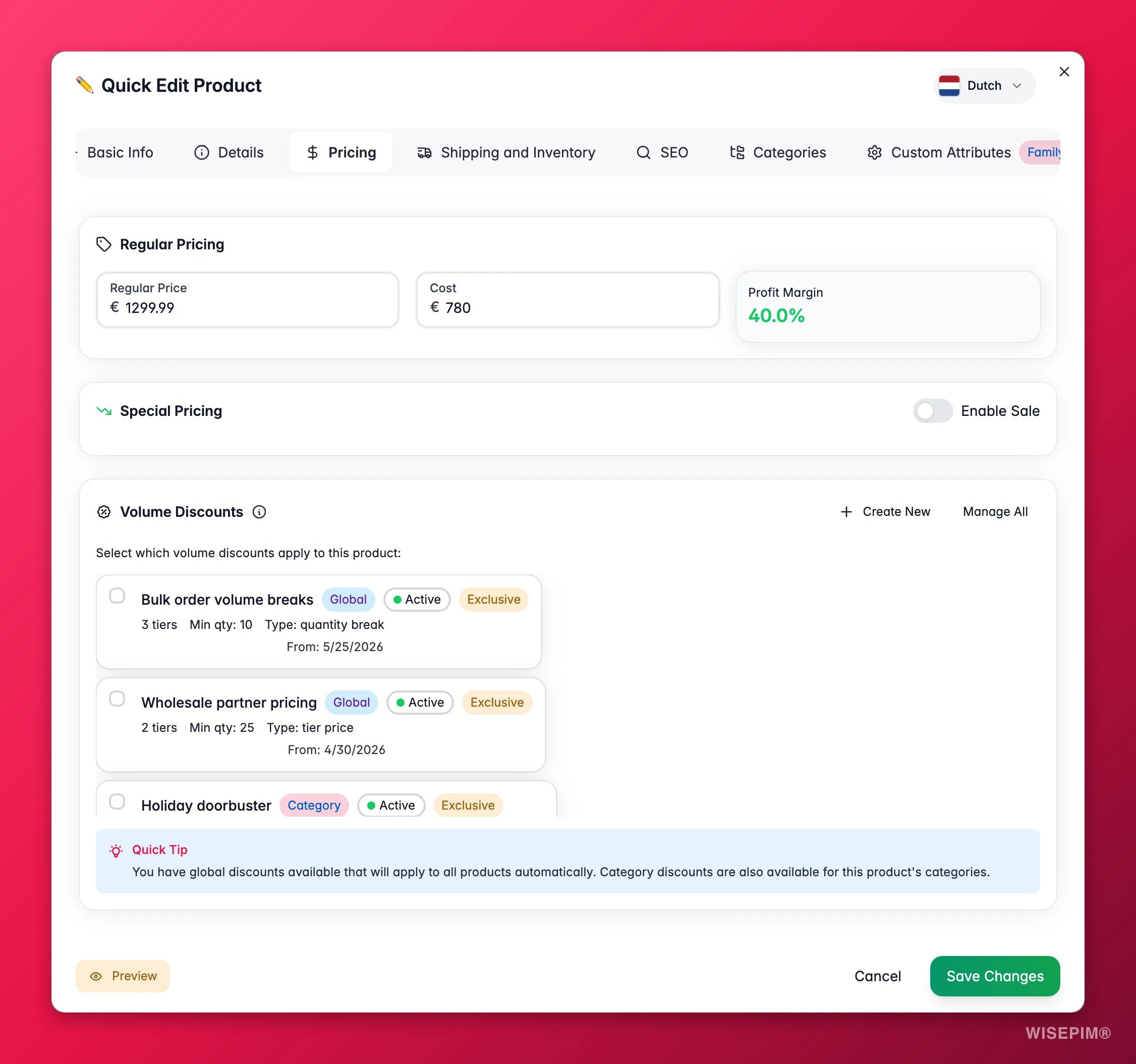 WISEPIM quick-edit Pricing tab with live profit margin, sale presets and volume discounts