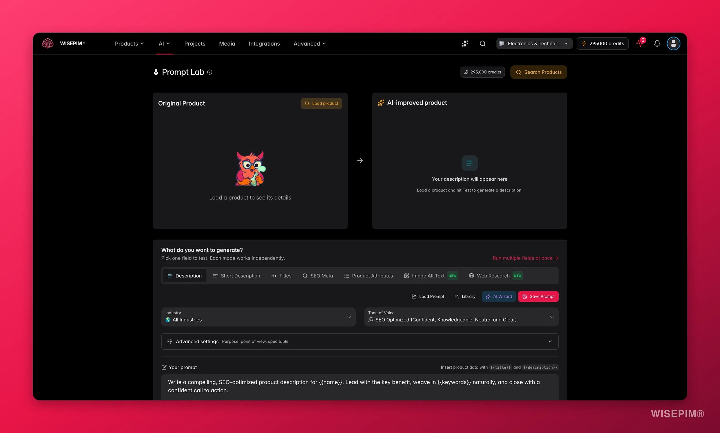 WISEPIM Prompt Lab for testing and tuning AI enrichment prompts