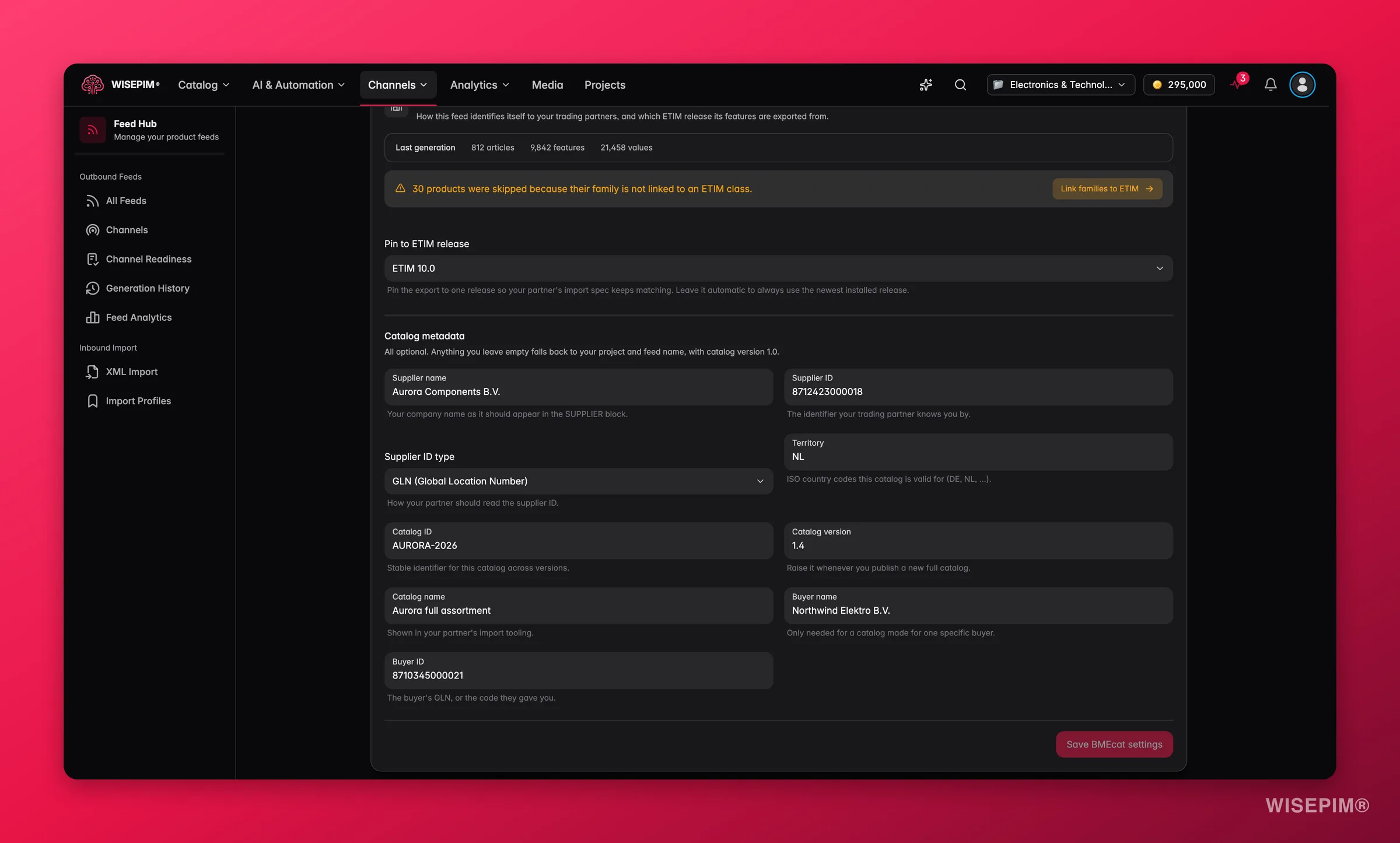 WISEPIM Feed Hub BMEcat feed - ETIM release pinning, generation stats and catalog metadata for trading partners