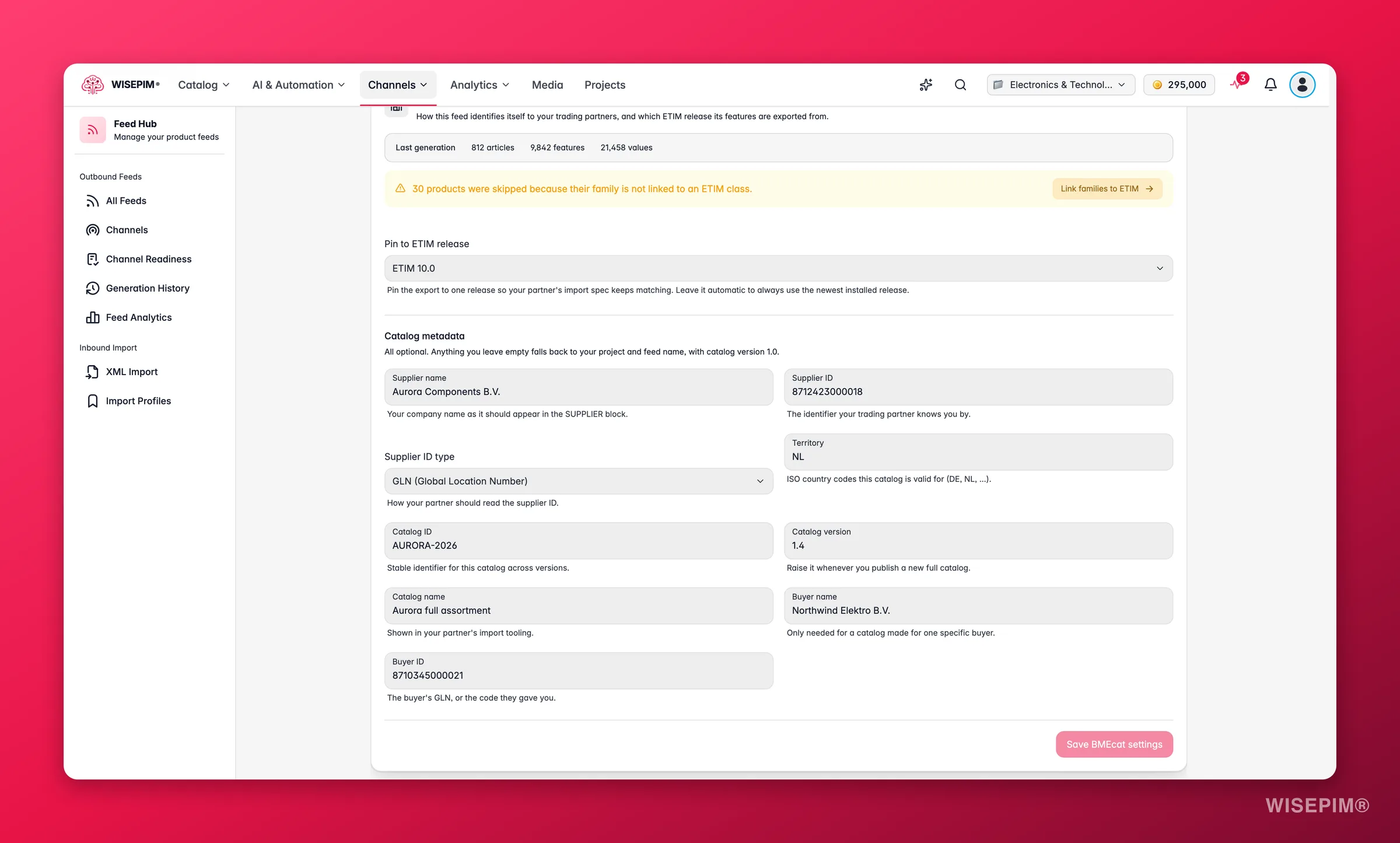 WISEPIM Feed Hub BMEcat feed - ETIM release pinning, generation stats and catalog metadata for trading partners