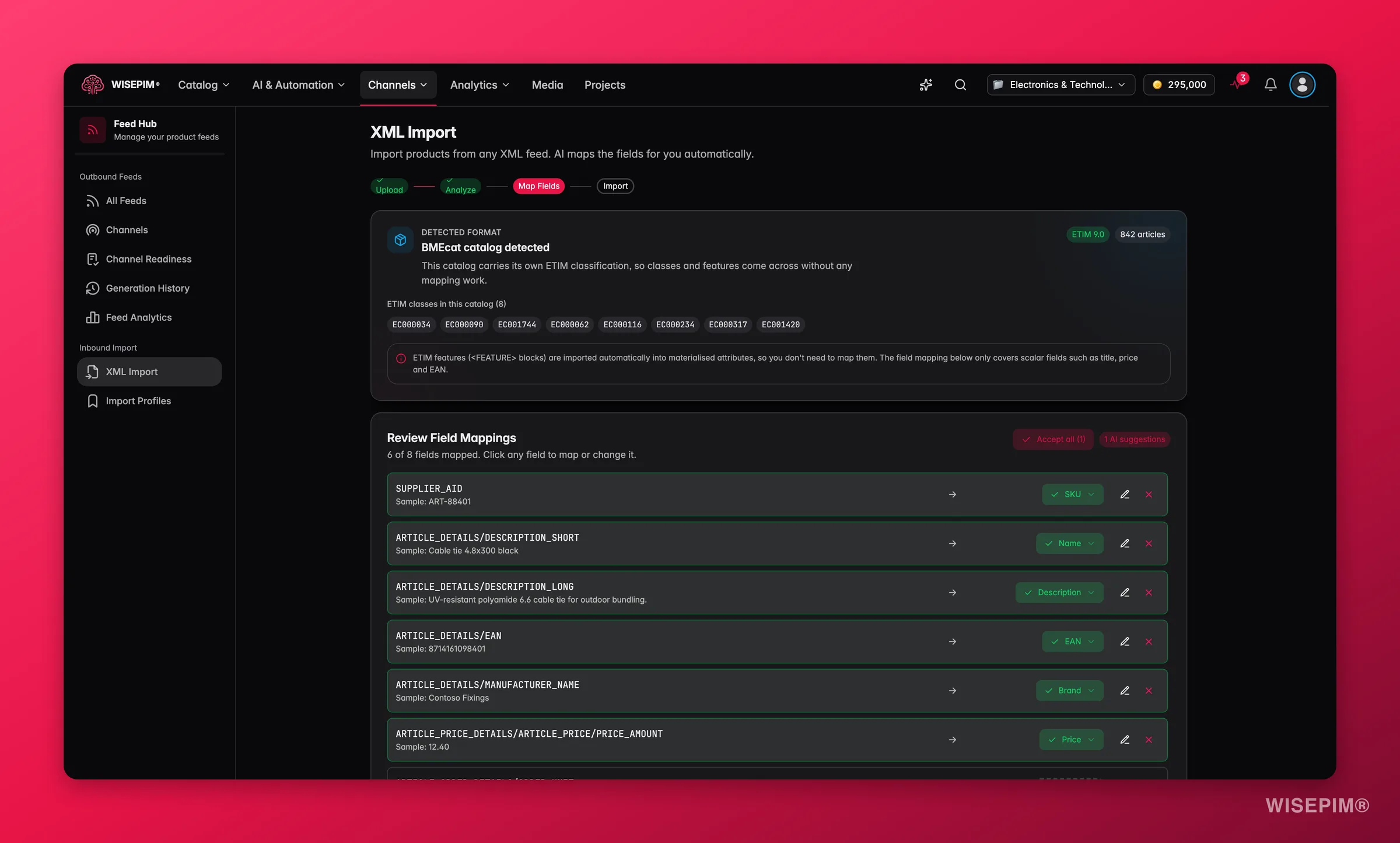 WISEPIM Feed Hub BMEcat import with the detected ETIM release and class codes, with features imported automatically