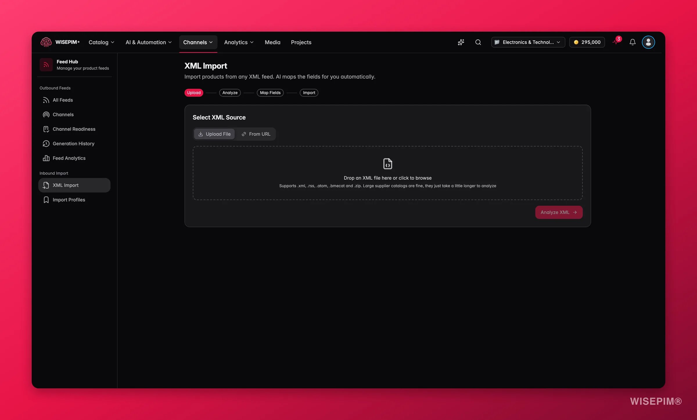 WISEPIM Feed Hub XML import with field auto-mapping
