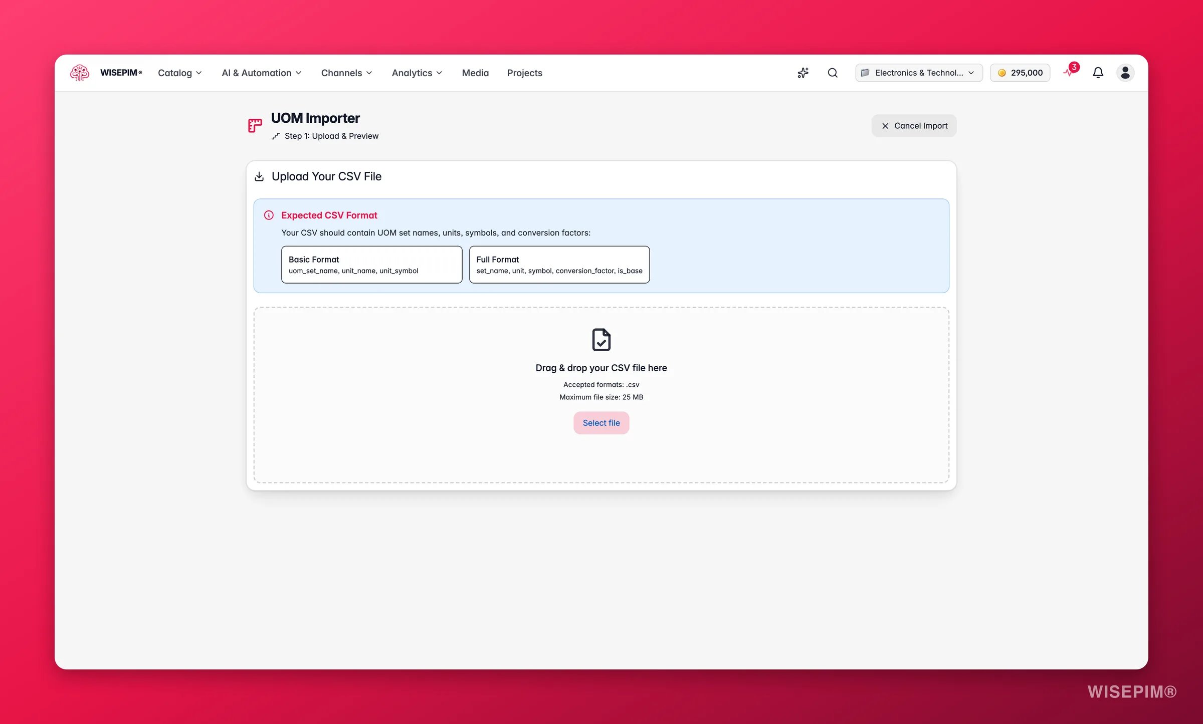 WISEPIM units-of-measure importer wizard, upload and map a unit-set spreadsheet