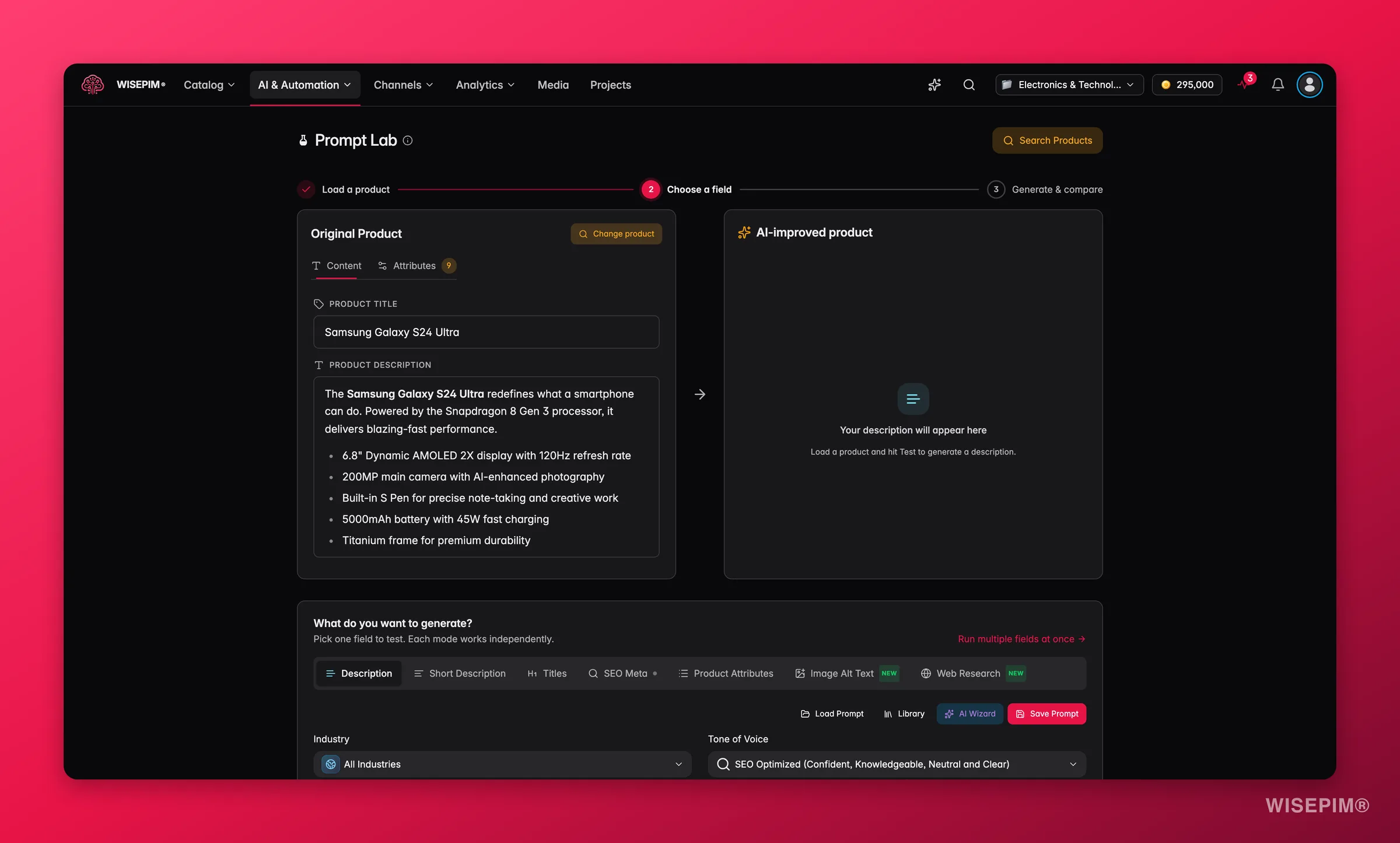 WISEPIM Prompt Lab for testing and tuning AI enrichment prompts