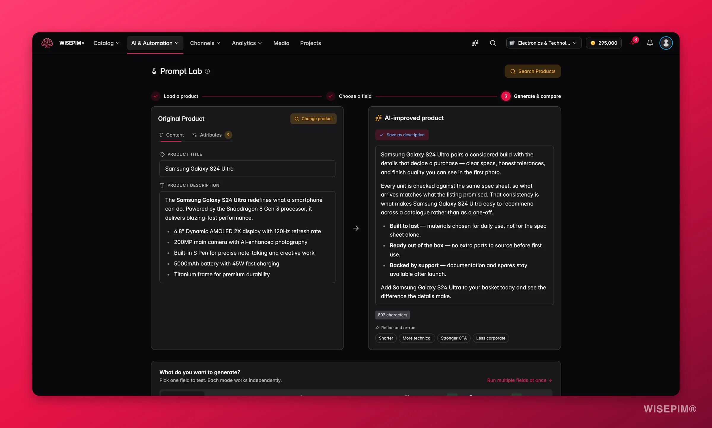WISEPIM Prompt Lab testing a prompt on a real product with original and AI output side by side