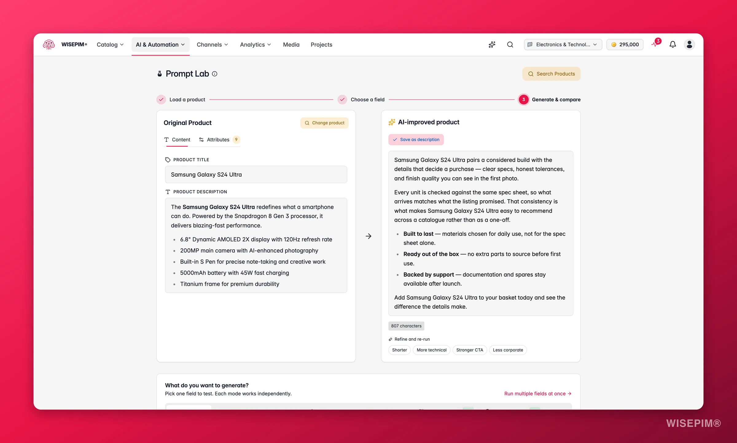 WISEPIM Prompt Lab testing a prompt on a real product with original and AI output side by side