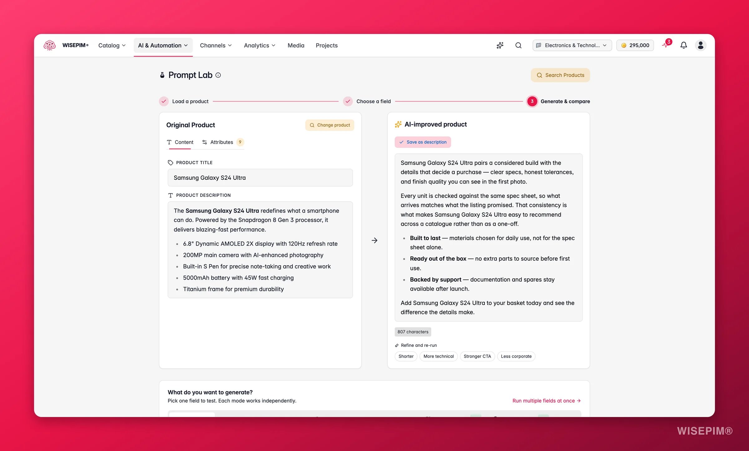WISEPIM Prompt Lab testing a prompt on a real product with original and AI output side by side