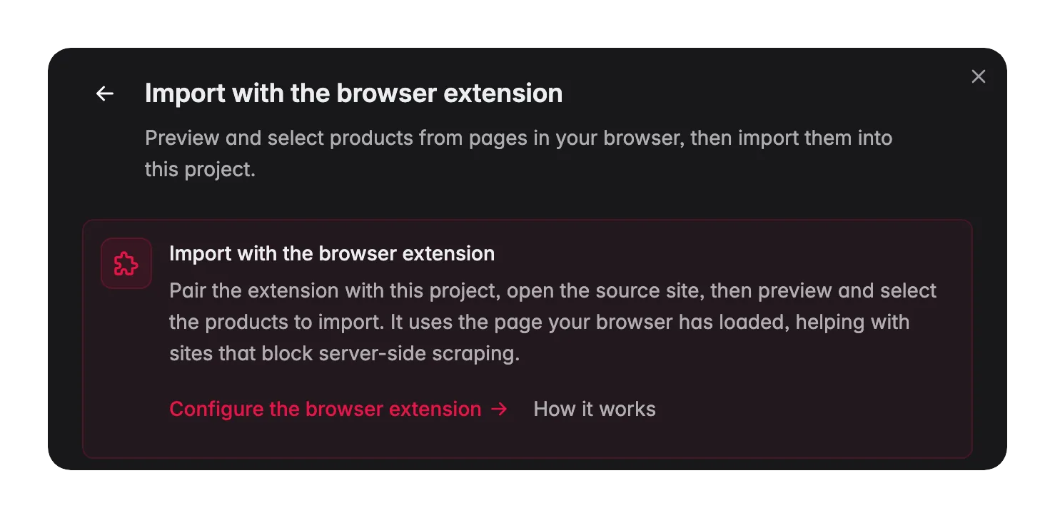 Der Schritt Von einer Website oder URL im Import-Dialog, der mit Browser-Erweiterung einrichten und So funktioniert's auf die Browser-Erweiterung verweist