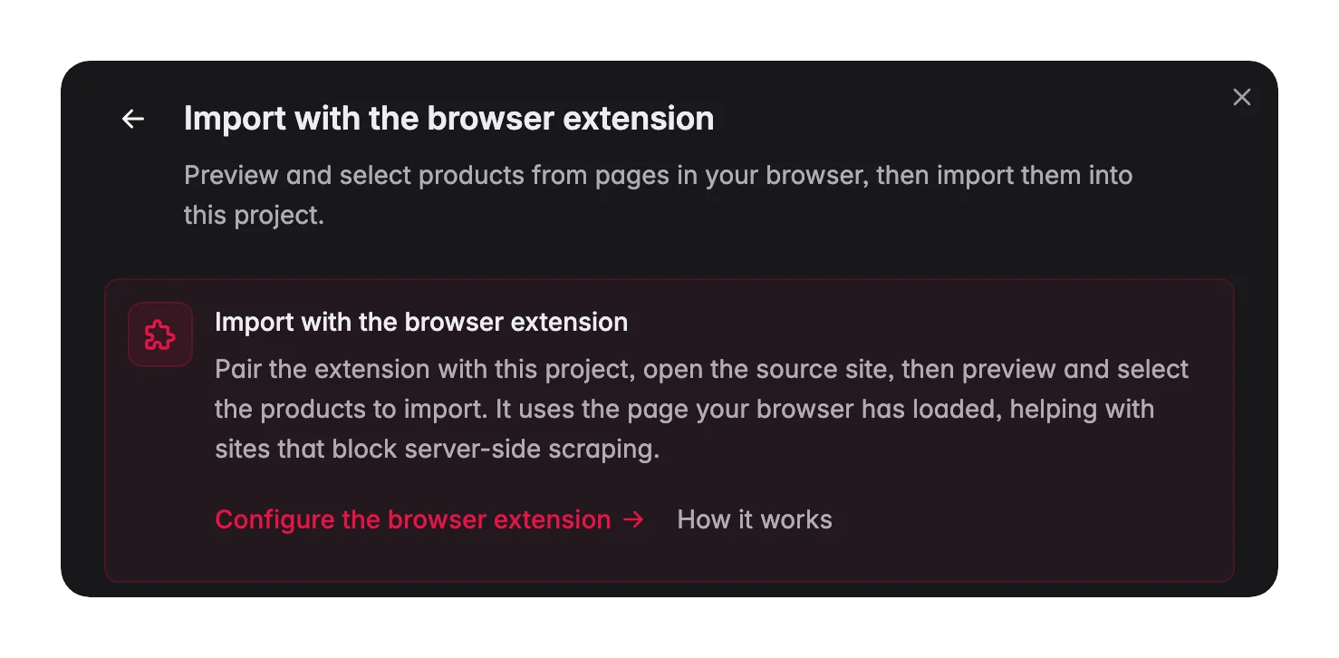 Der Schritt Von einer Website oder URL im Import-Dialog, der mit Browser-Erweiterung einrichten und So funktioniert's auf die Browser-Erweiterung verweist