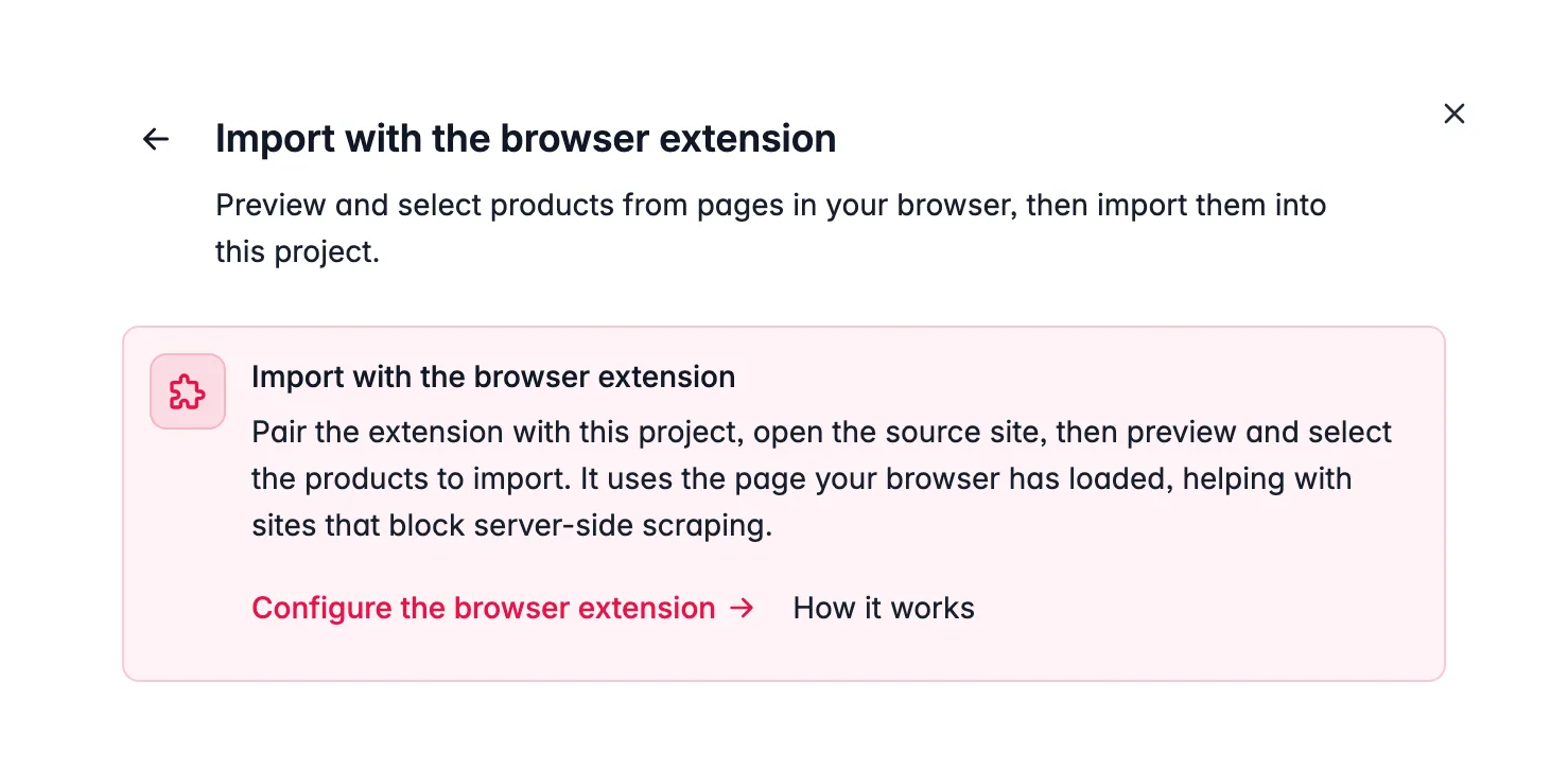 Der Schritt Von einer Website oder URL im Import-Dialog, der mit Browser-Erweiterung einrichten und So funktioniert's auf die Browser-Erweiterung verweist