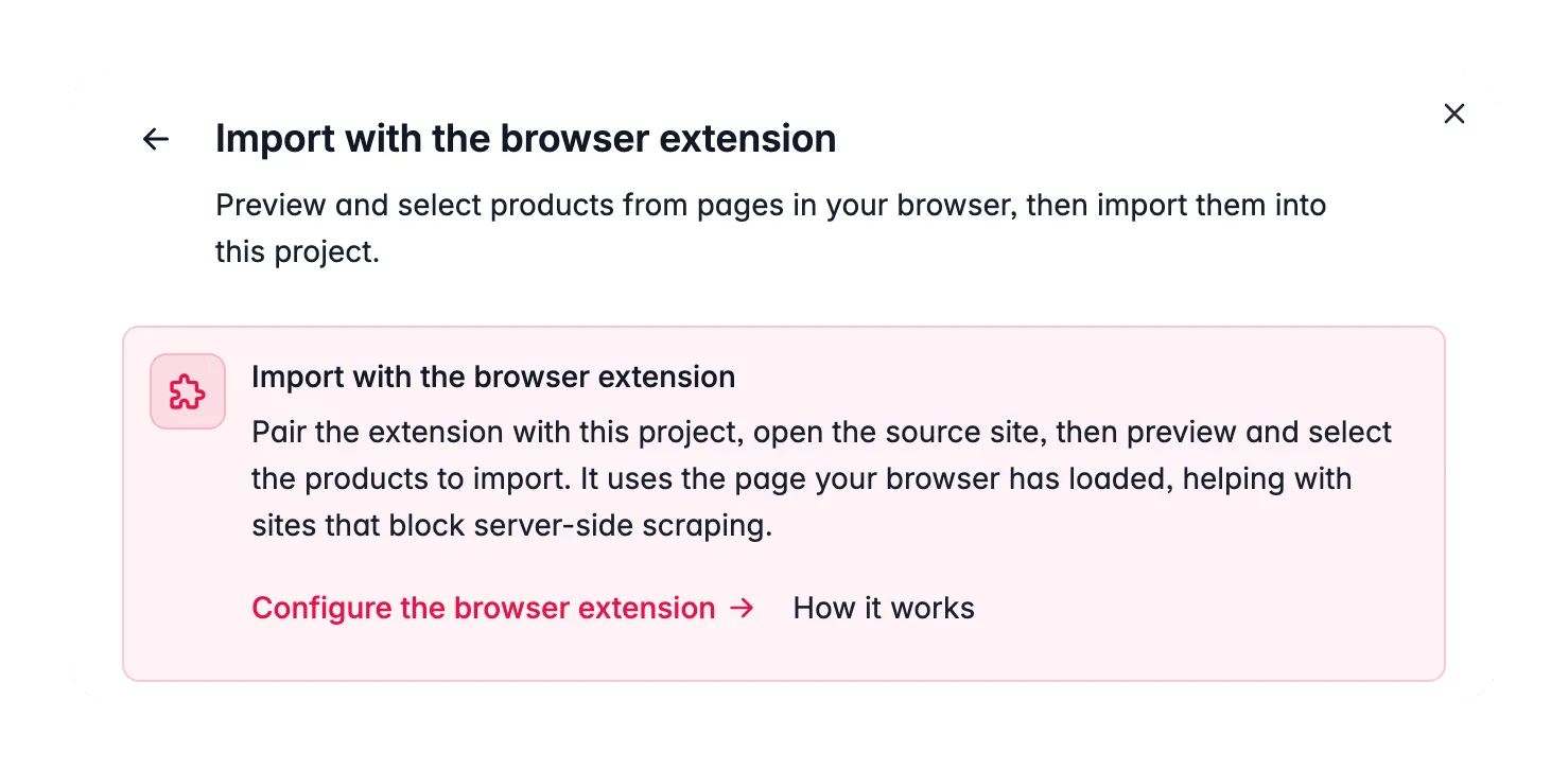 Der Schritt Von einer Website oder URL im Import-Dialog, der mit Browser-Erweiterung einrichten und So funktioniert's auf die Browser-Erweiterung verweist