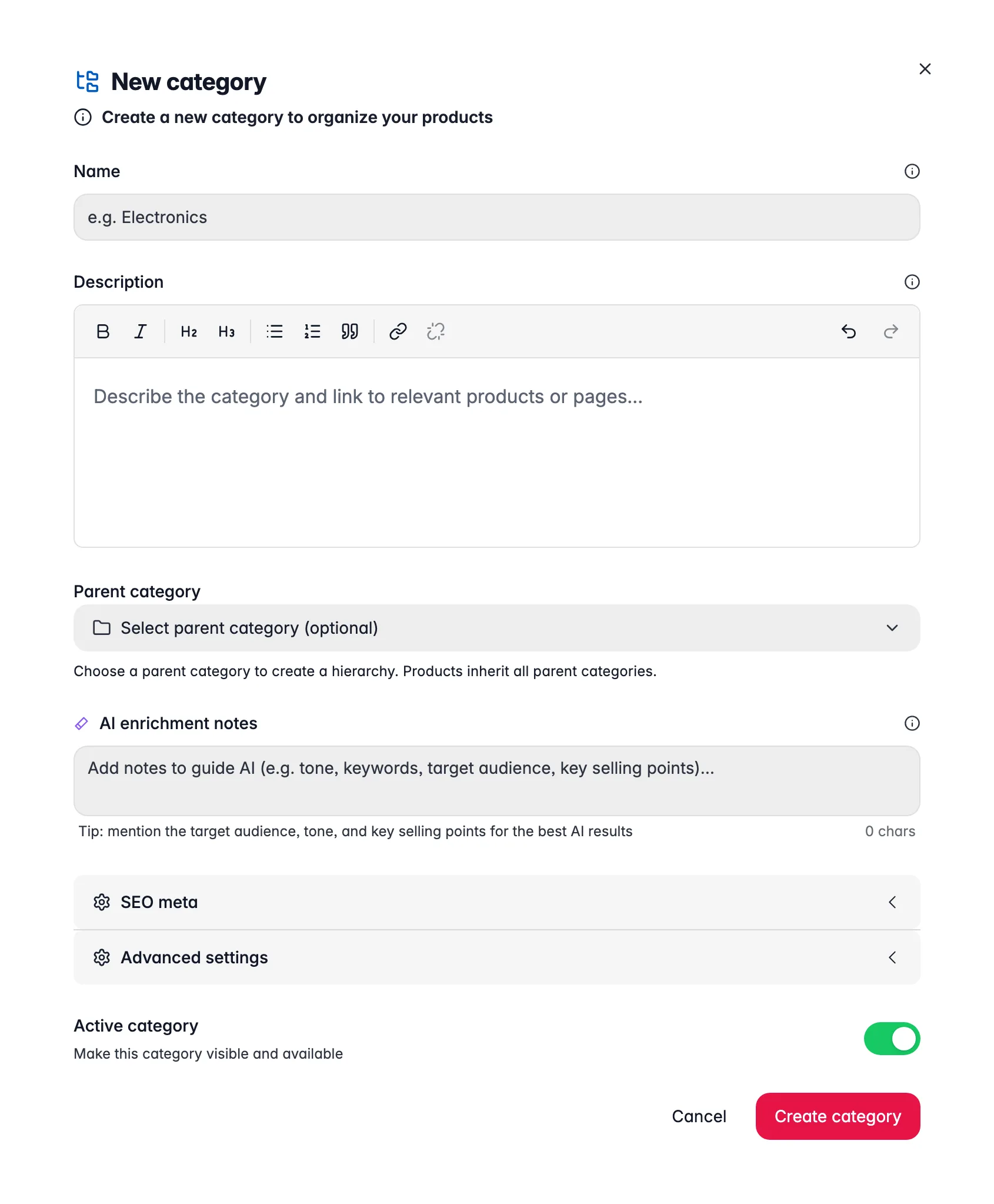 WISEPIM new category modal with name, path and parent for building the category tree