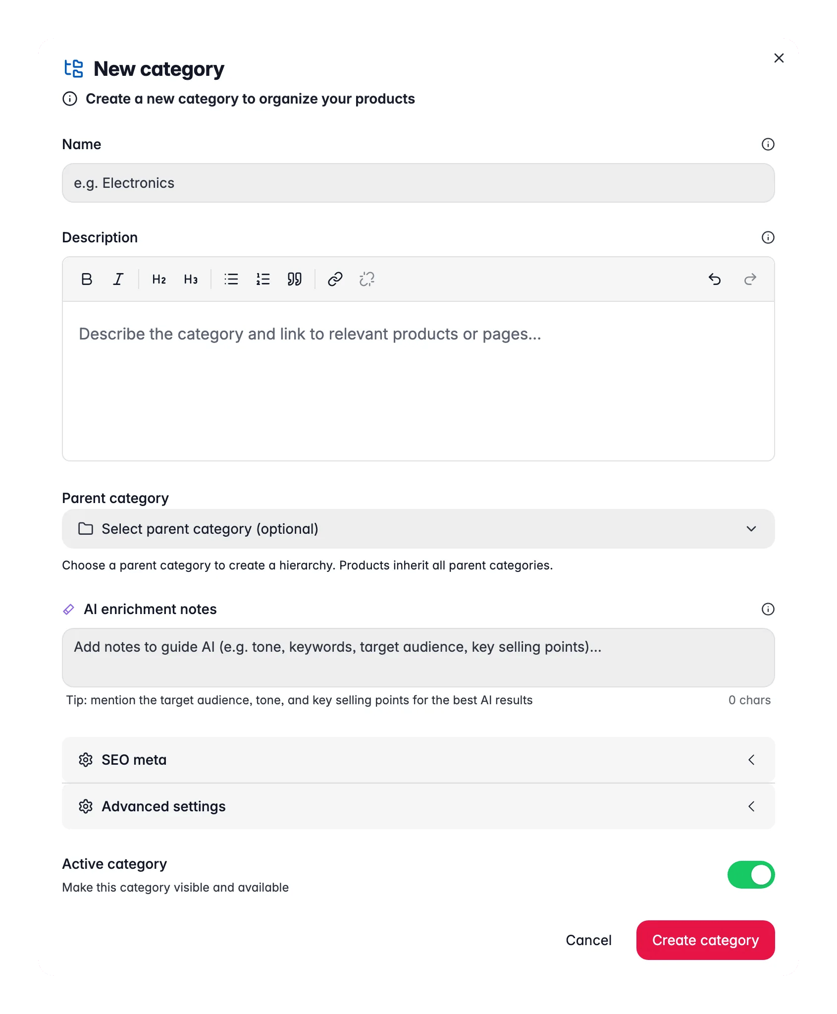 WISEPIM new category modal with name, path and parent for building the category tree