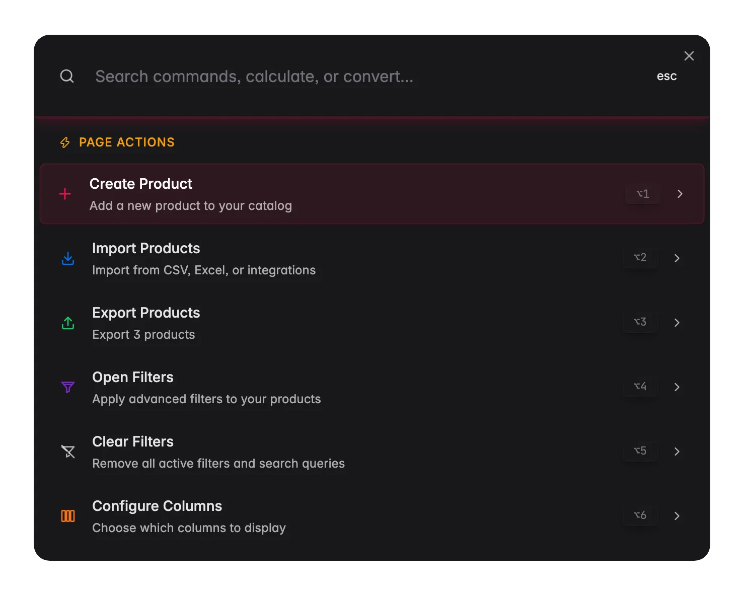 Menú de comandos de WISEPIM (⌘K) con acciones de página contextuales para la vista de productos