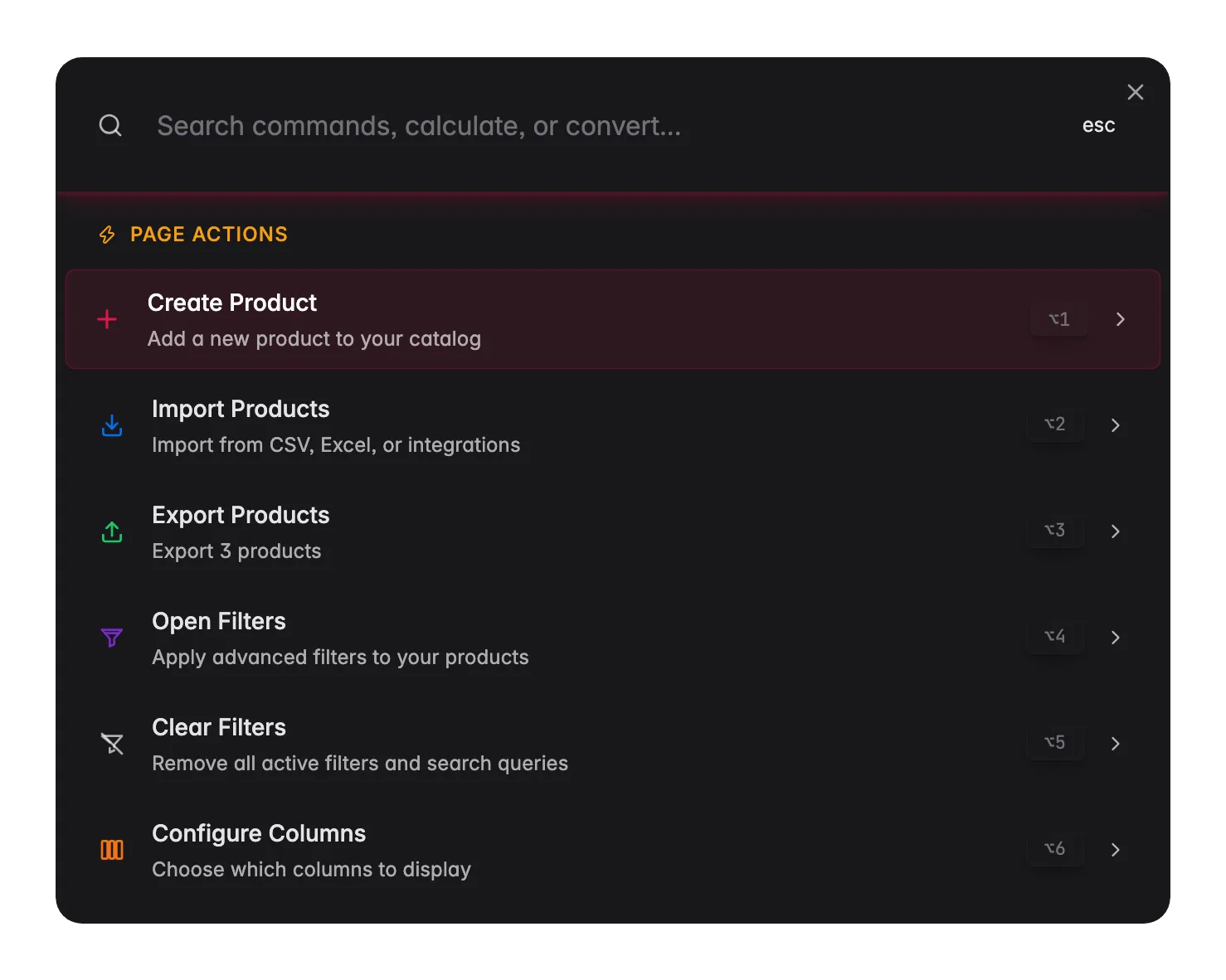Menú de comandos de WISEPIM (⌘K) con acciones de página contextuales para la vista de productos