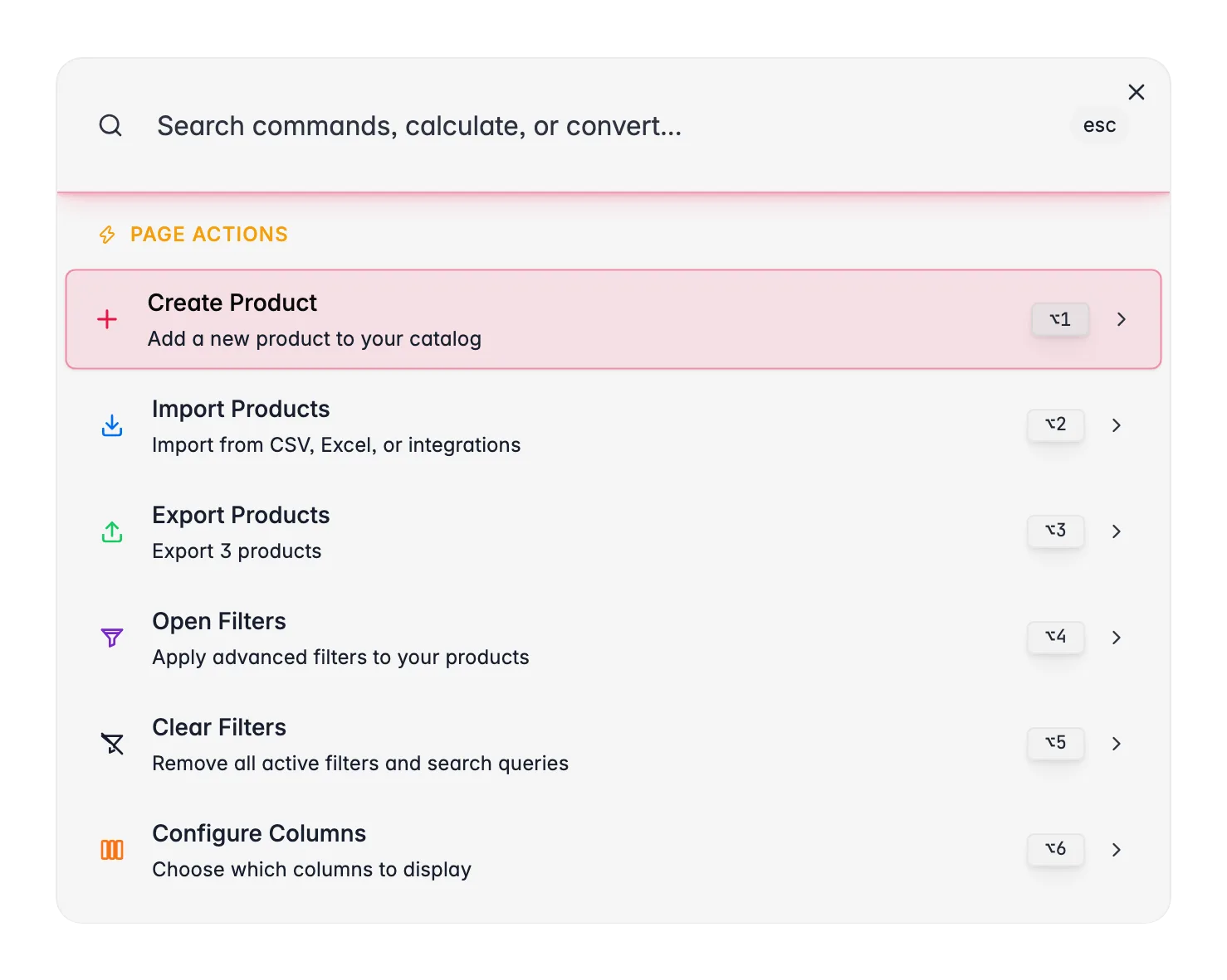 Menú de comandos de WISEPIM (⌘K) con acciones de página contextuales para la vista de productos