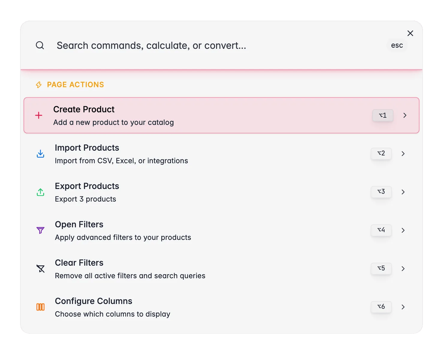 Menú de comandos de WISEPIM (⌘K) con acciones de página contextuales para la vista de productos