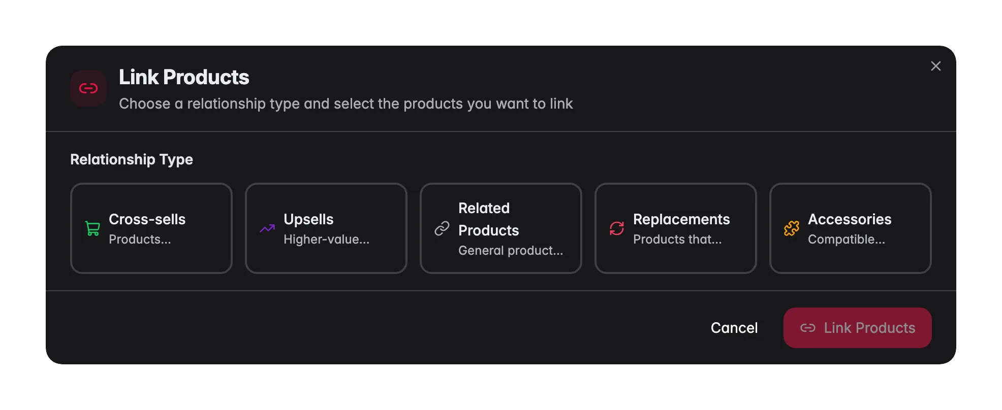 WISEPIM Link Products modal choosing a relationship type and selecting products to link