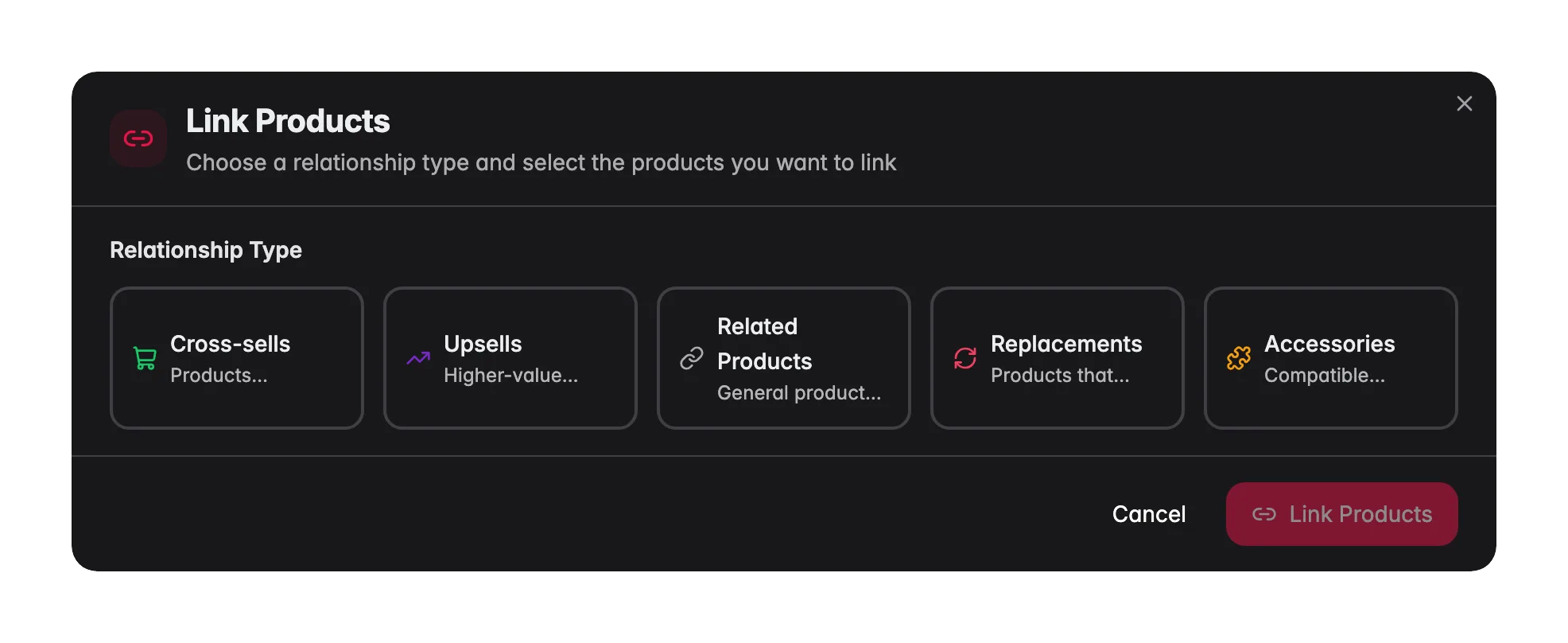 WISEPIM Link Products modal choosing a relationship type and selecting products to link