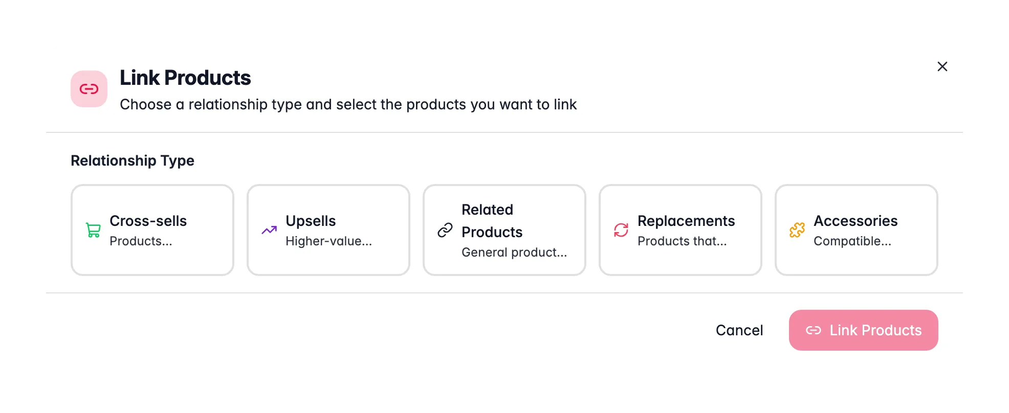 WISEPIM Link Products modal choosing a relationship type and selecting products to link