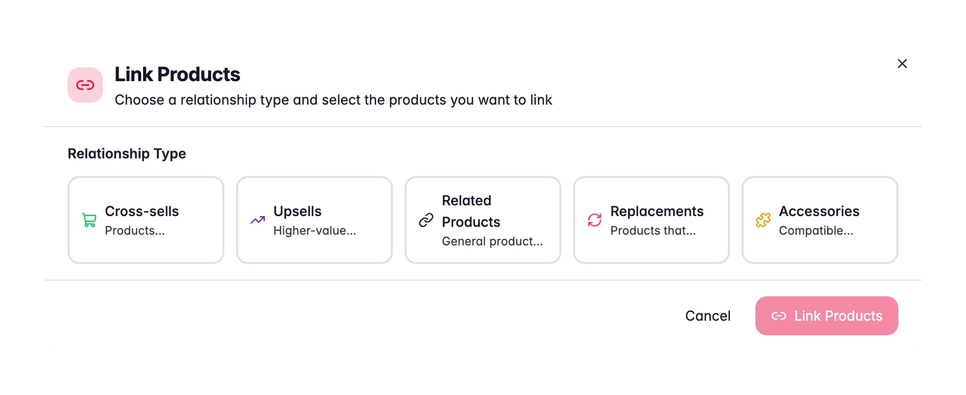 WISEPIM Link Products modal choosing a relationship type and selecting products to link