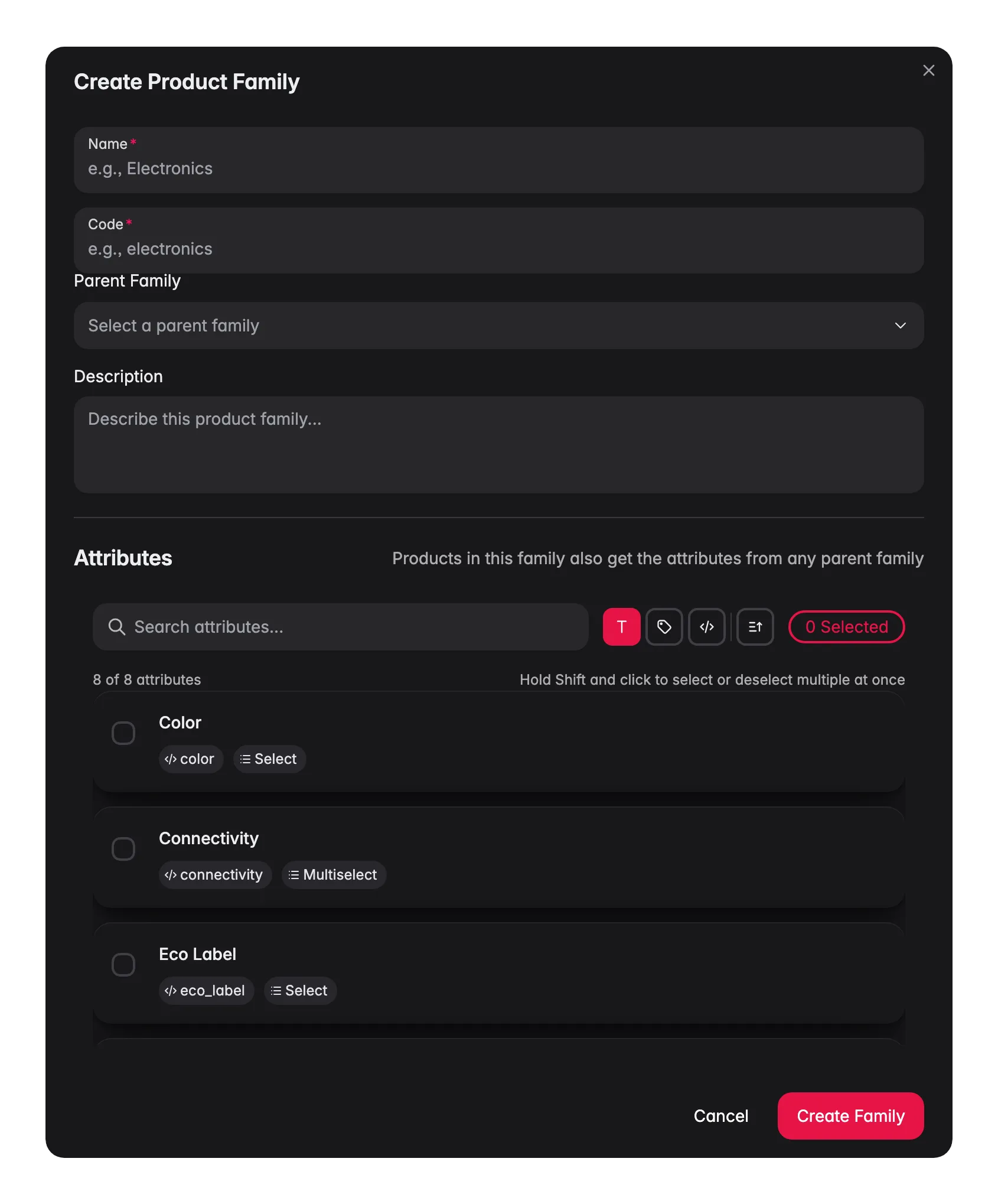WISEPIM new product family modal with parent, code and per-attribute variant/required config