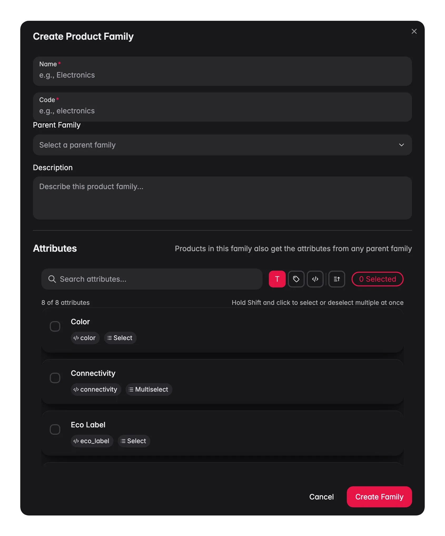 WISEPIM new product family modal with parent, code and per-attribute variant/required config
