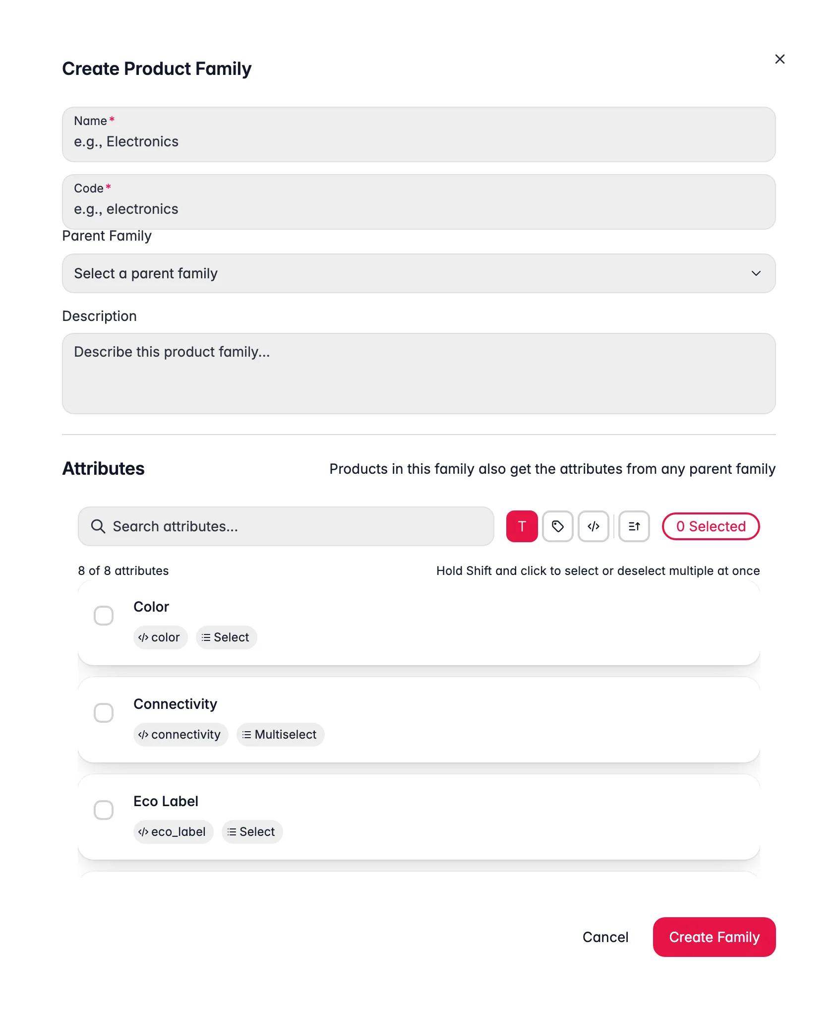 WISEPIM new product family modal with parent, code and per-attribute variant/required config
