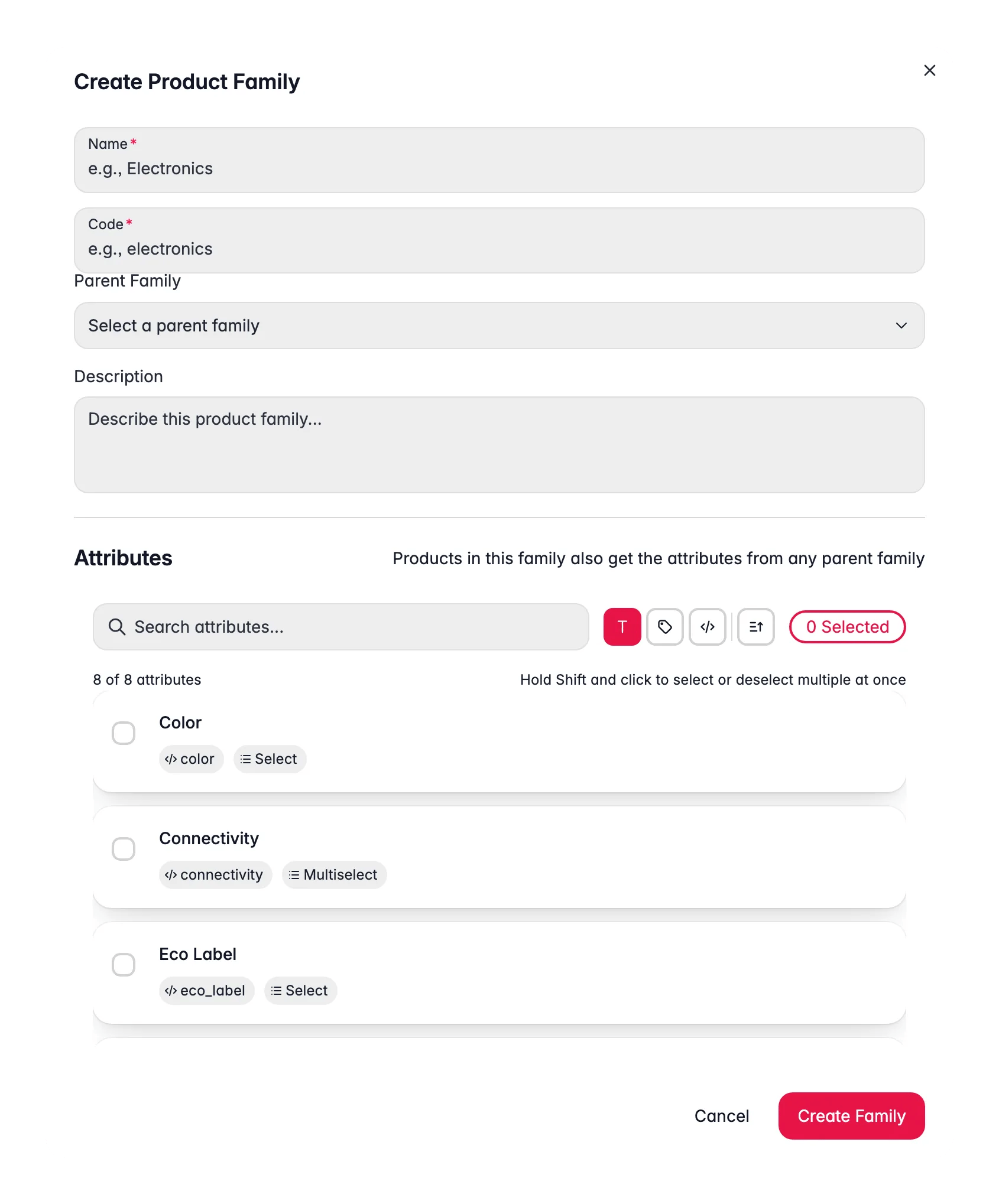 WISEPIM new product family modal with parent, code and per-attribute variant/required config