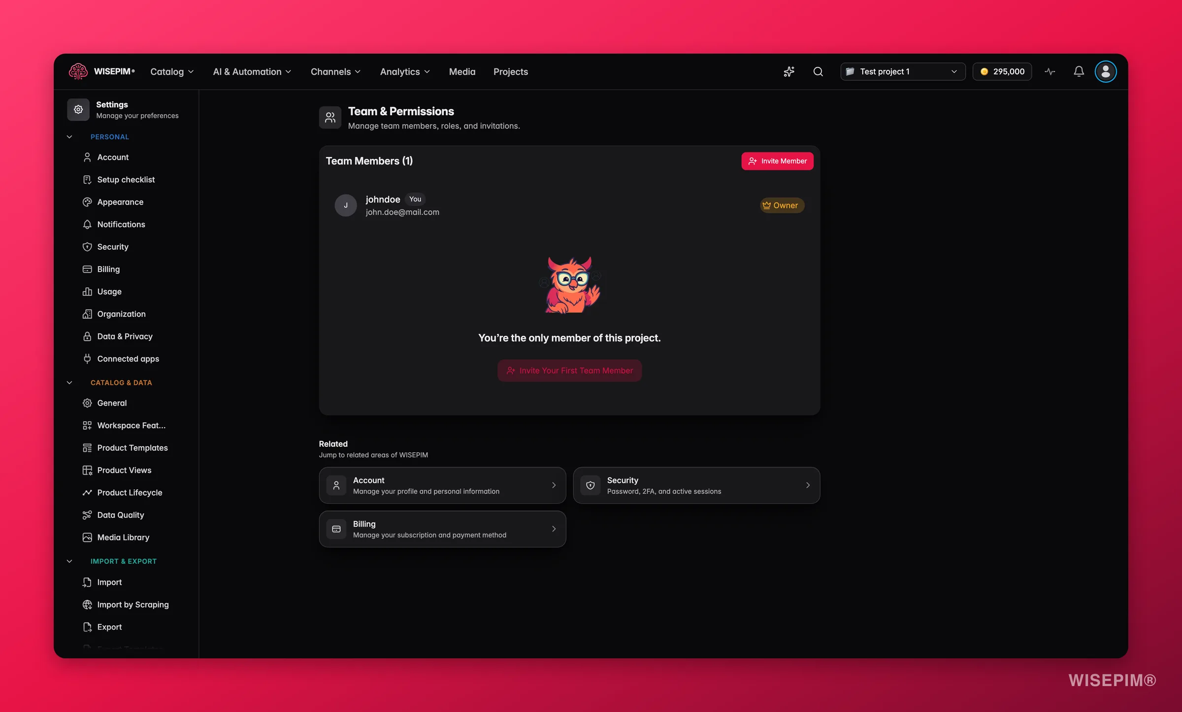 WISEPIM team management with roles and permissions