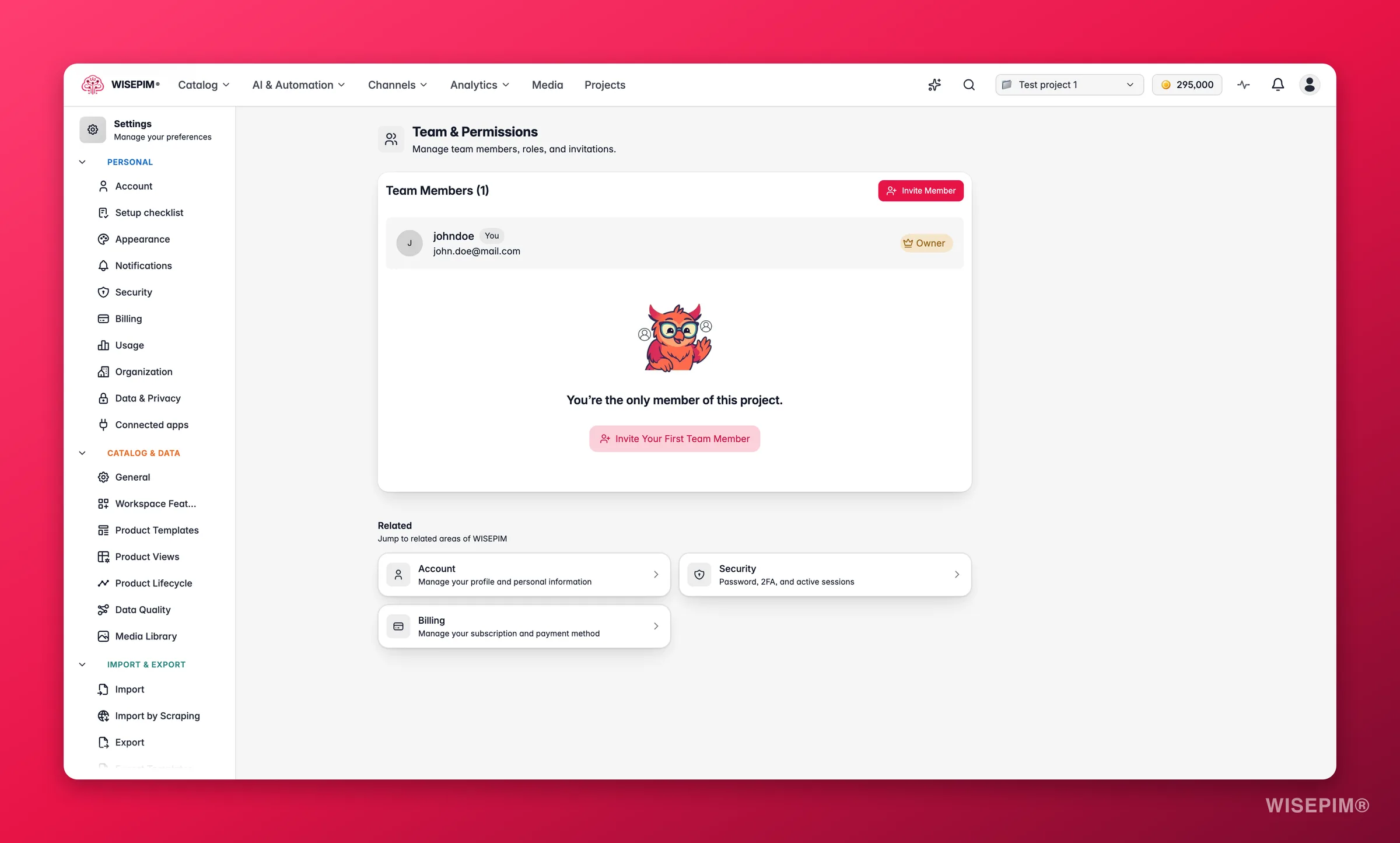 WISEPIM team management with roles and permissions