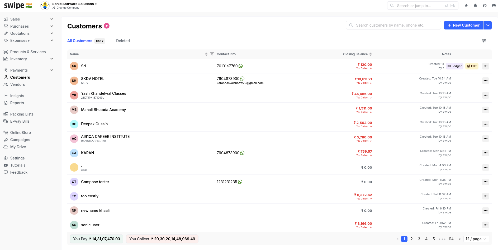 Customer list in the Swipe dashboard