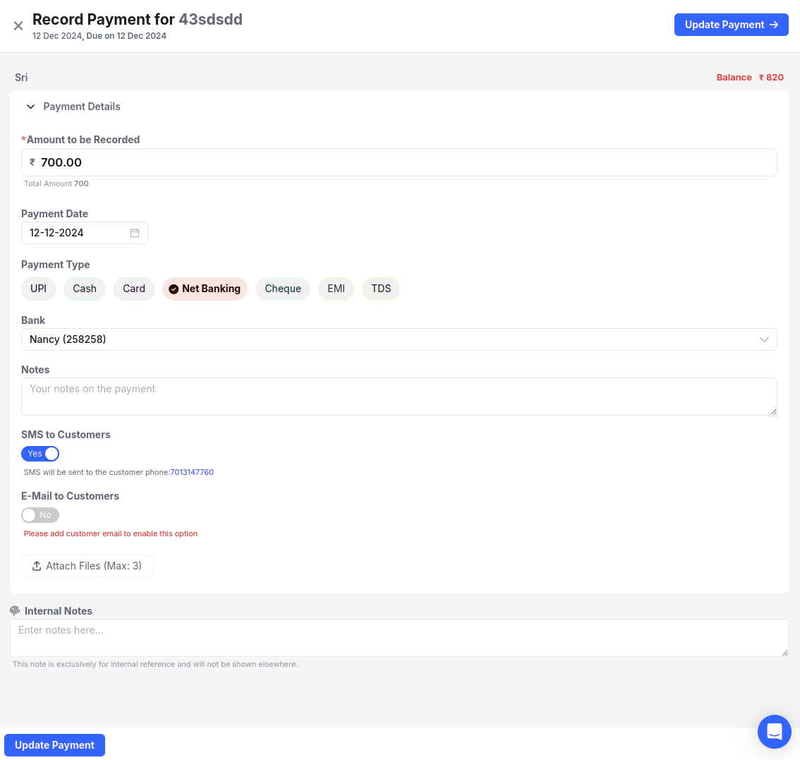Record payment screen in the Swipe dashboard