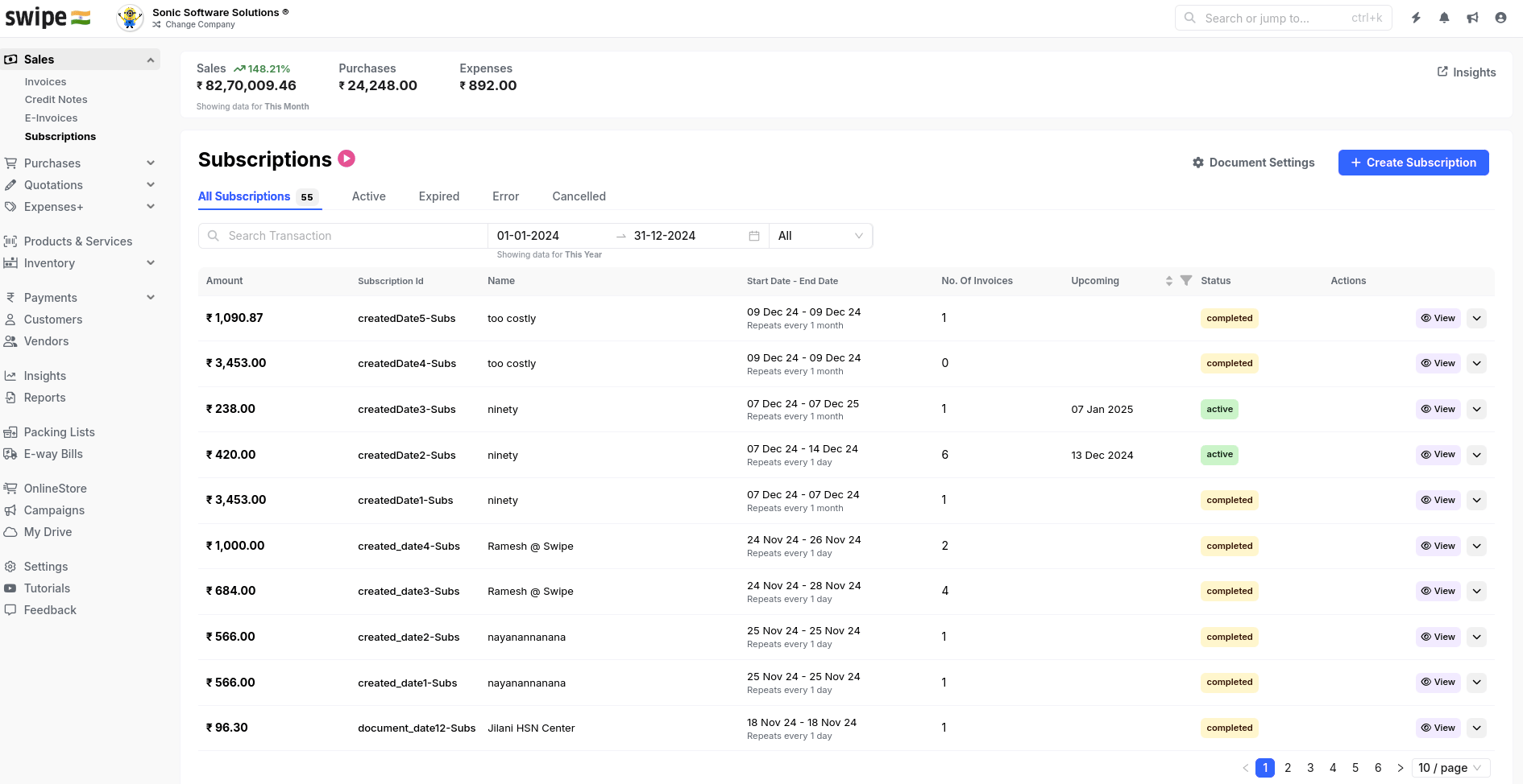 Subscriptions list in the Swipe dashboard