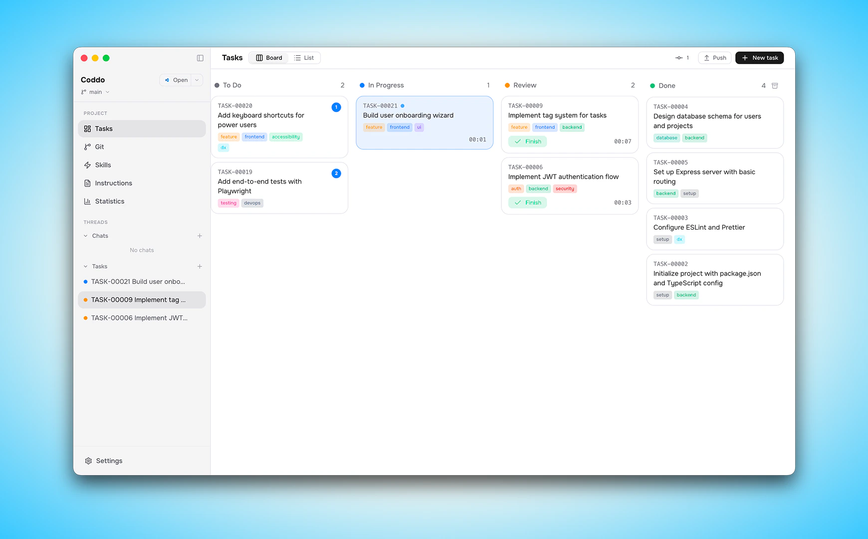Coddo Kanban board with tasks across columns