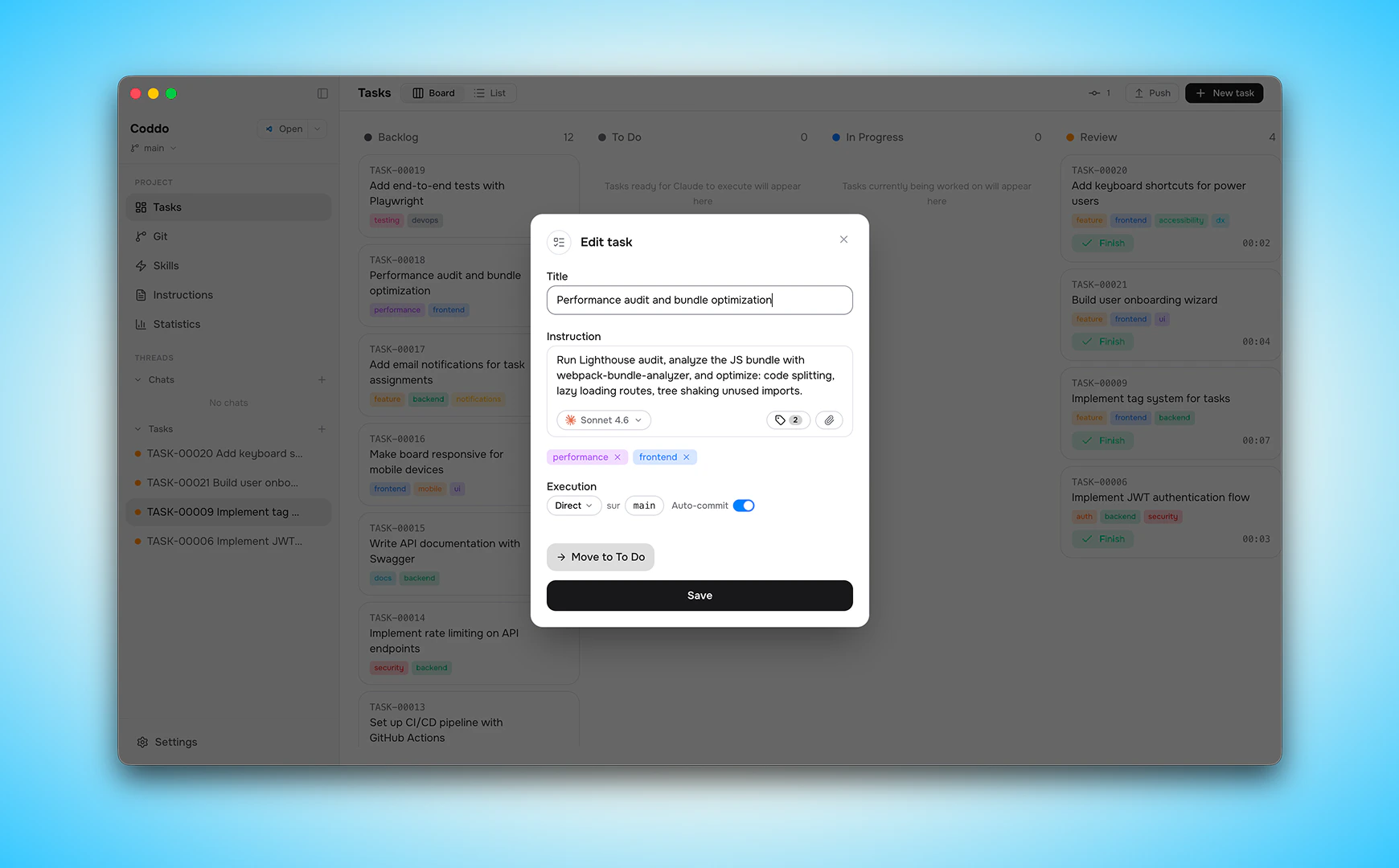Task creation dialog with title, instruction, tags, and execution mode