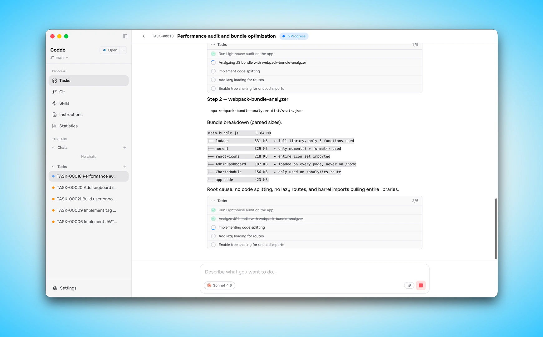 Chat view with Claude Code showing tool use and todo blocks