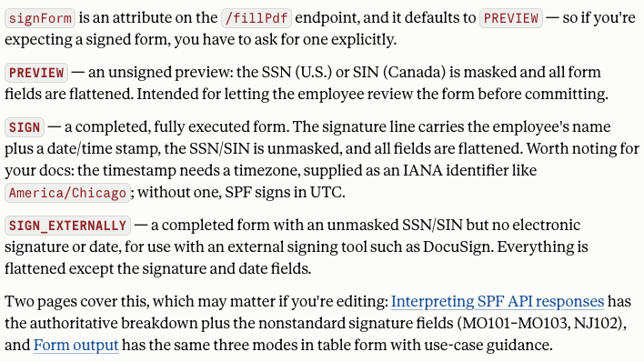 The answer as it appears in Claude Desktop, with the three signForm values and two cited Symmetry pages.