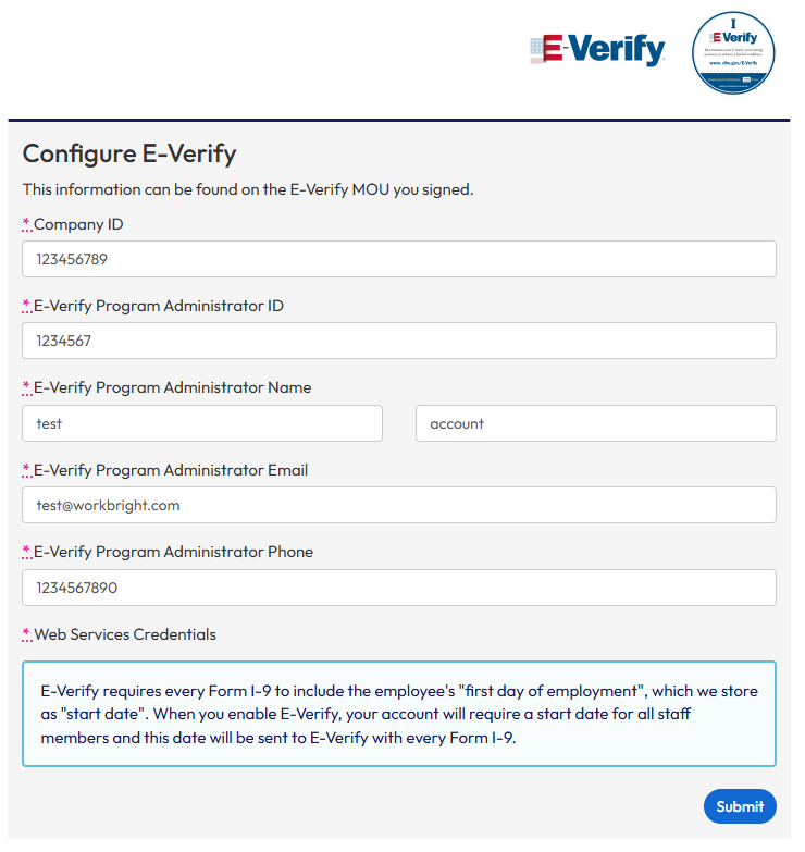 The embedded Configure E-Verify form, with fields for company ID, program administrator details, and web services credentials